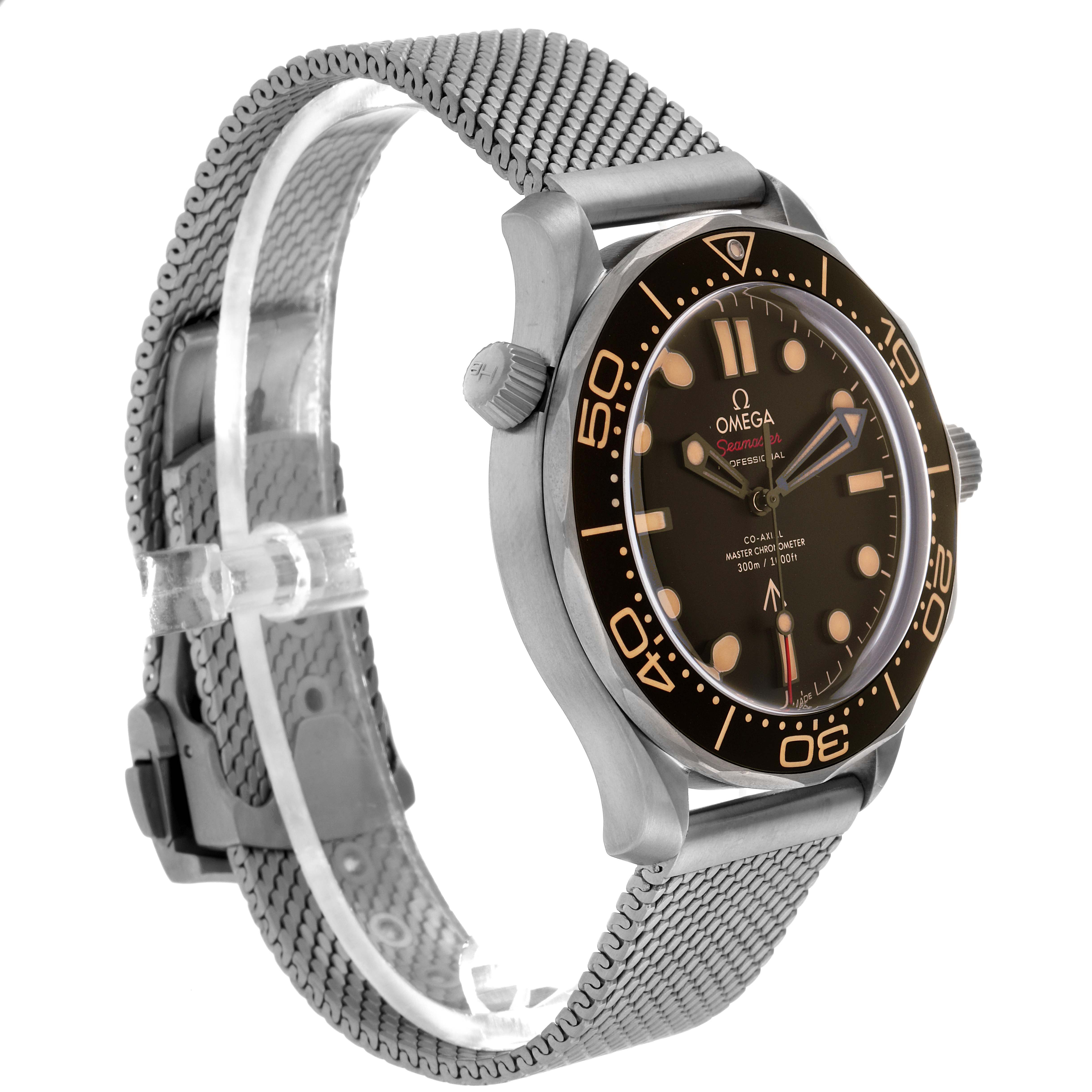 The Omega Seamaster 210.92.42.20.01.001 Men
s Titanium Brown Dial 210.92.42.20.01.001 Men
s Titanium Brown Dial watch is shown at a side angle, displaying the face, bezel, crown, and mesh strap.