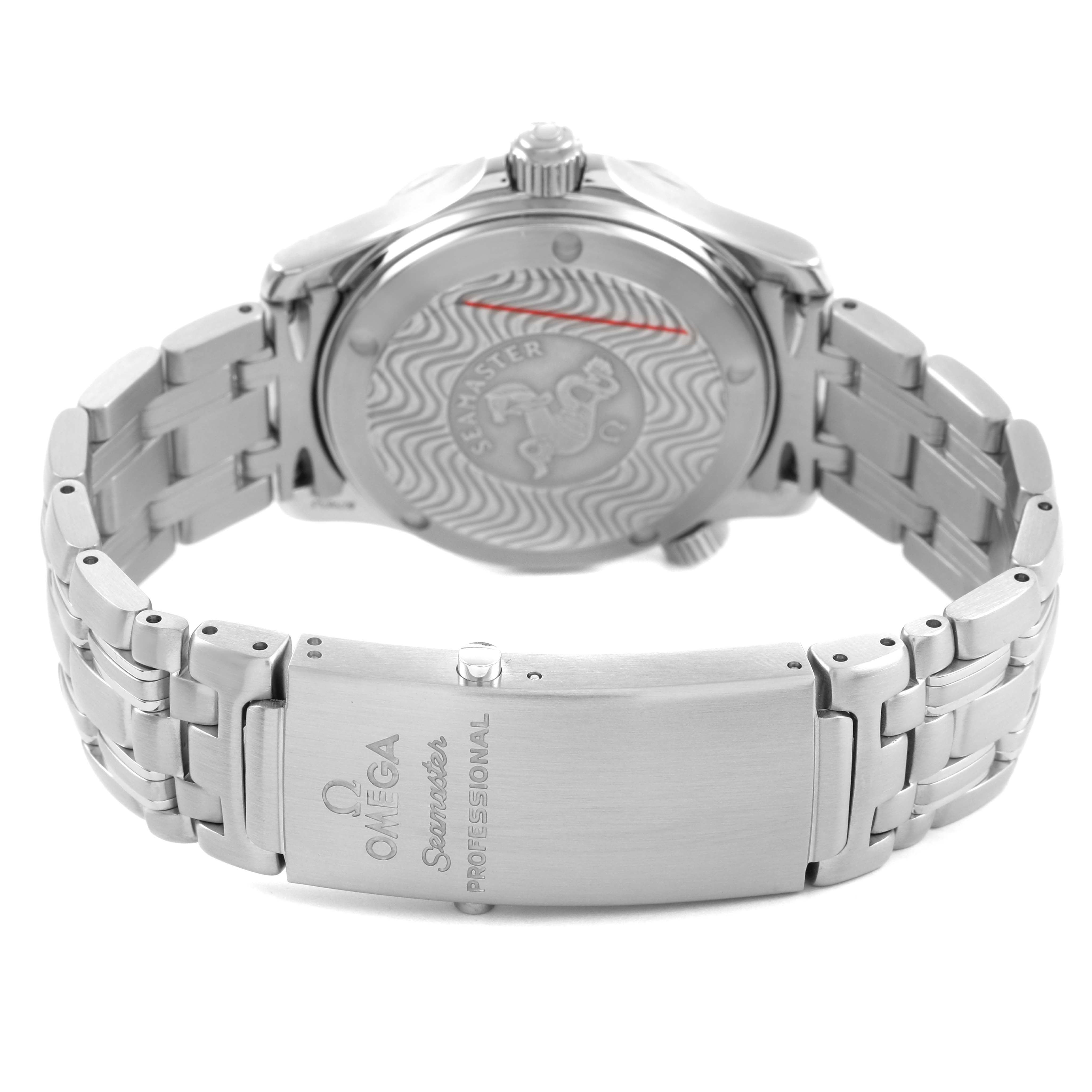 The Omega Seamaster 2551.80.00 Men's Stainless Steel Blue Dial watch is shown from the back, displaying the case back and stainless steel bracelet with the clasp.