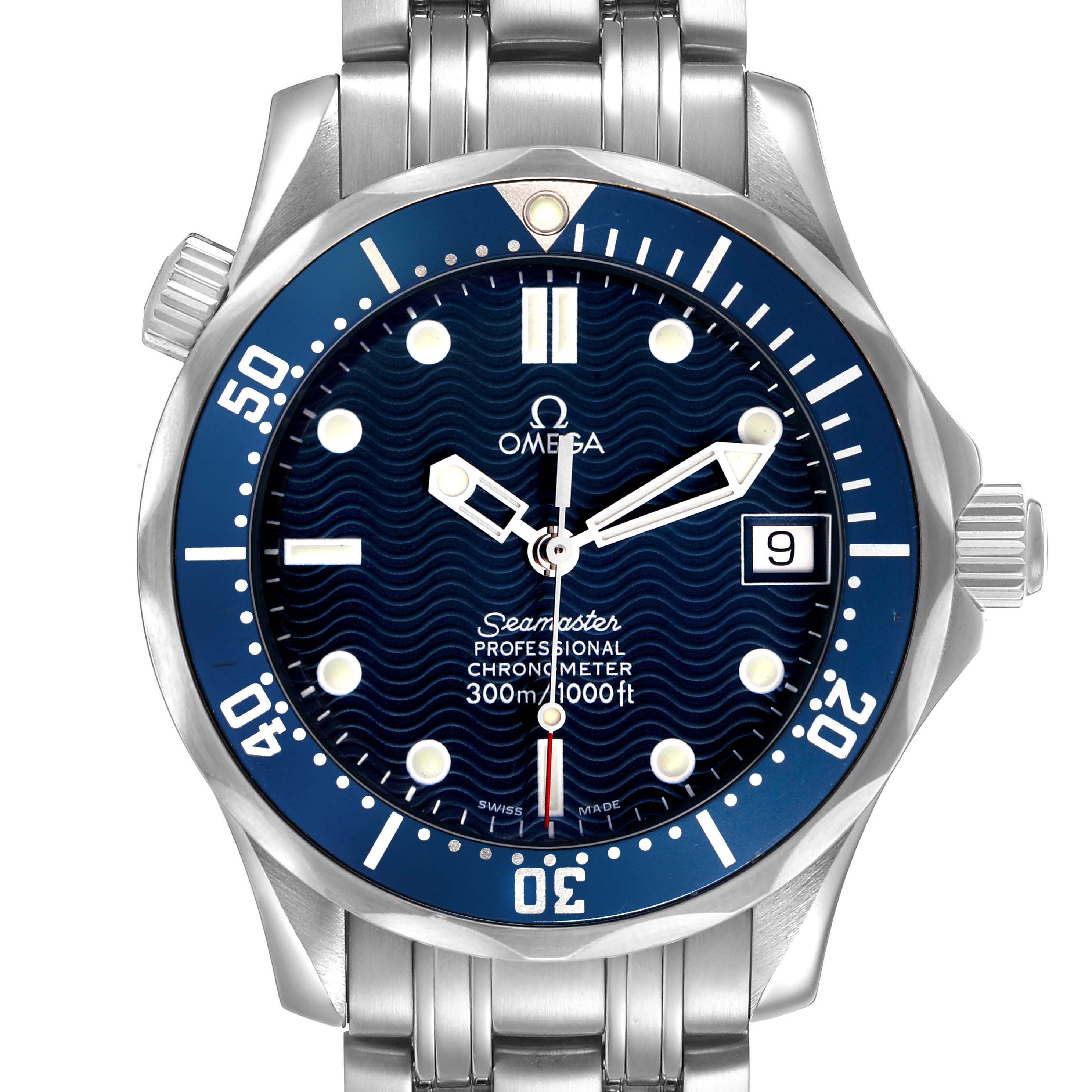 The Omega Seamaster 2551.80.00 Men's Stainless Steel Blue Dial watch is shown front-on, highlighting the bezel, dial, and part of the bracelet.