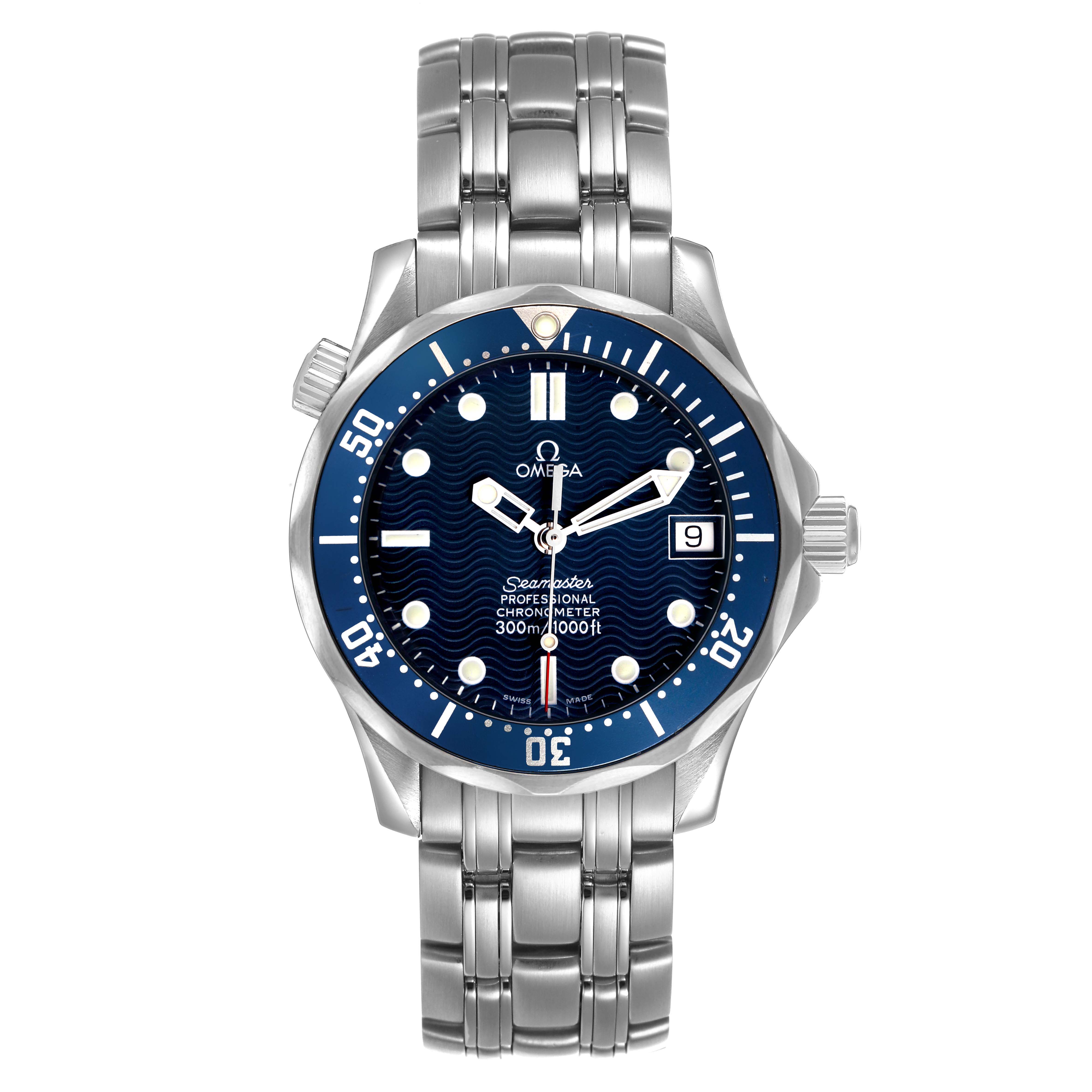 The Omega Seamaster 2551.80.00 Men's Stainless Steel Blue Dial watch is shown from the front, displaying its blue dial, bezel, and stainless steel bracelet.