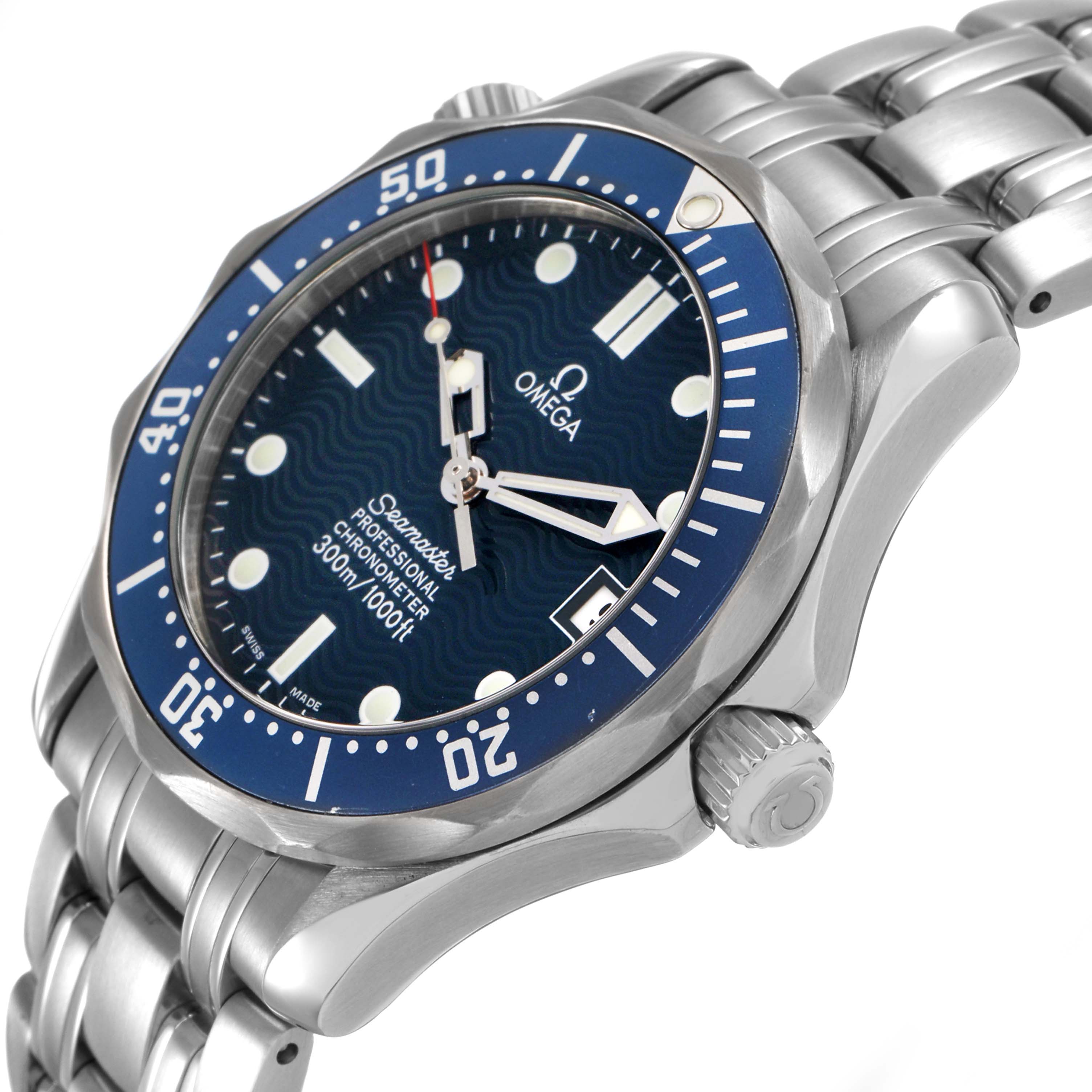 The Omega Seamaster 2551.80.00 Men's Stainless Steel Blue Dial watch is shown at a slight angle, highlighting its blue dial, bezel, crown, and metal bracelet.