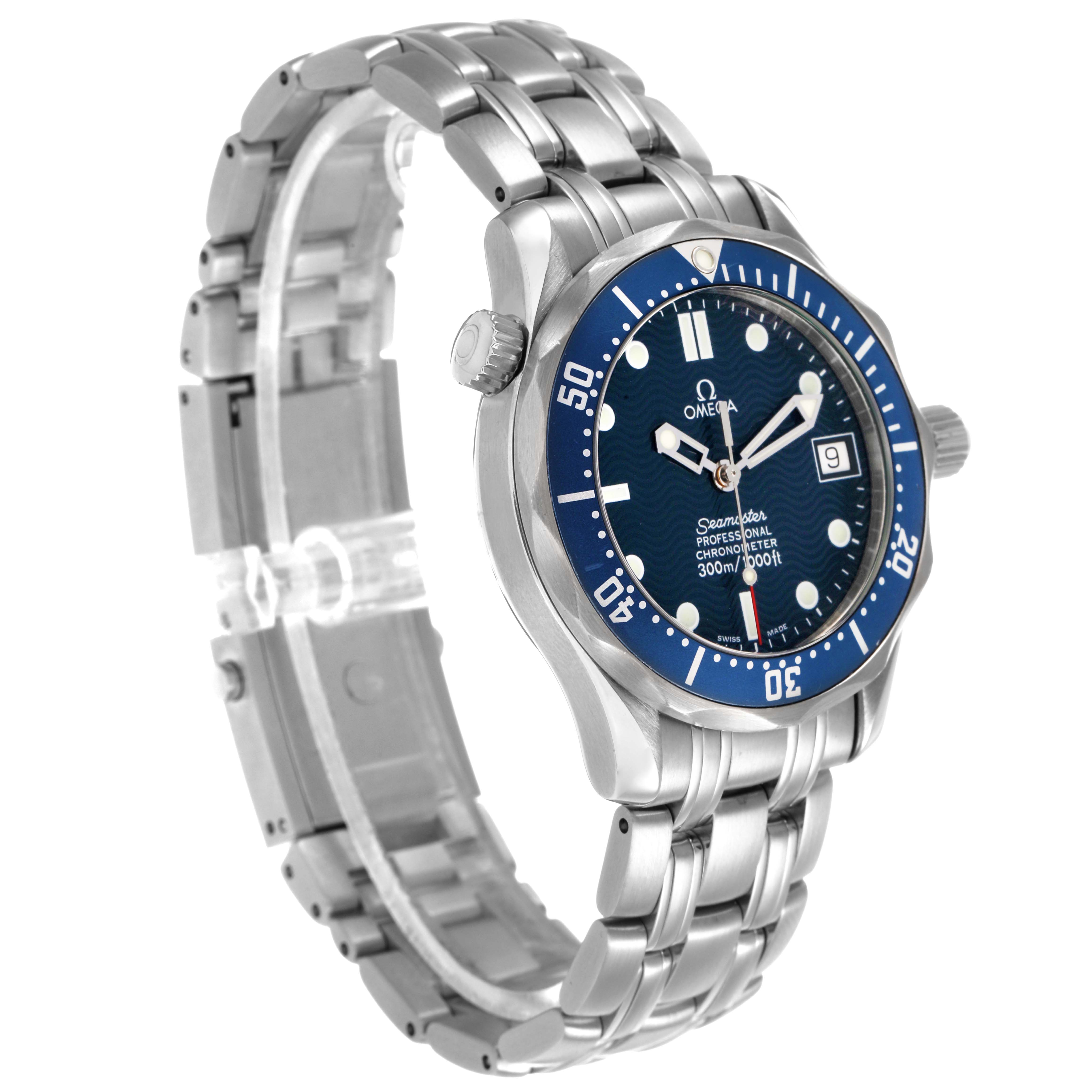 The Omega Seamaster 2551.80.00 Men's Stainless Steel Blue Dial watch is shown at a three-quarter angle, highlighting the bezel, dial, and bracelet.
