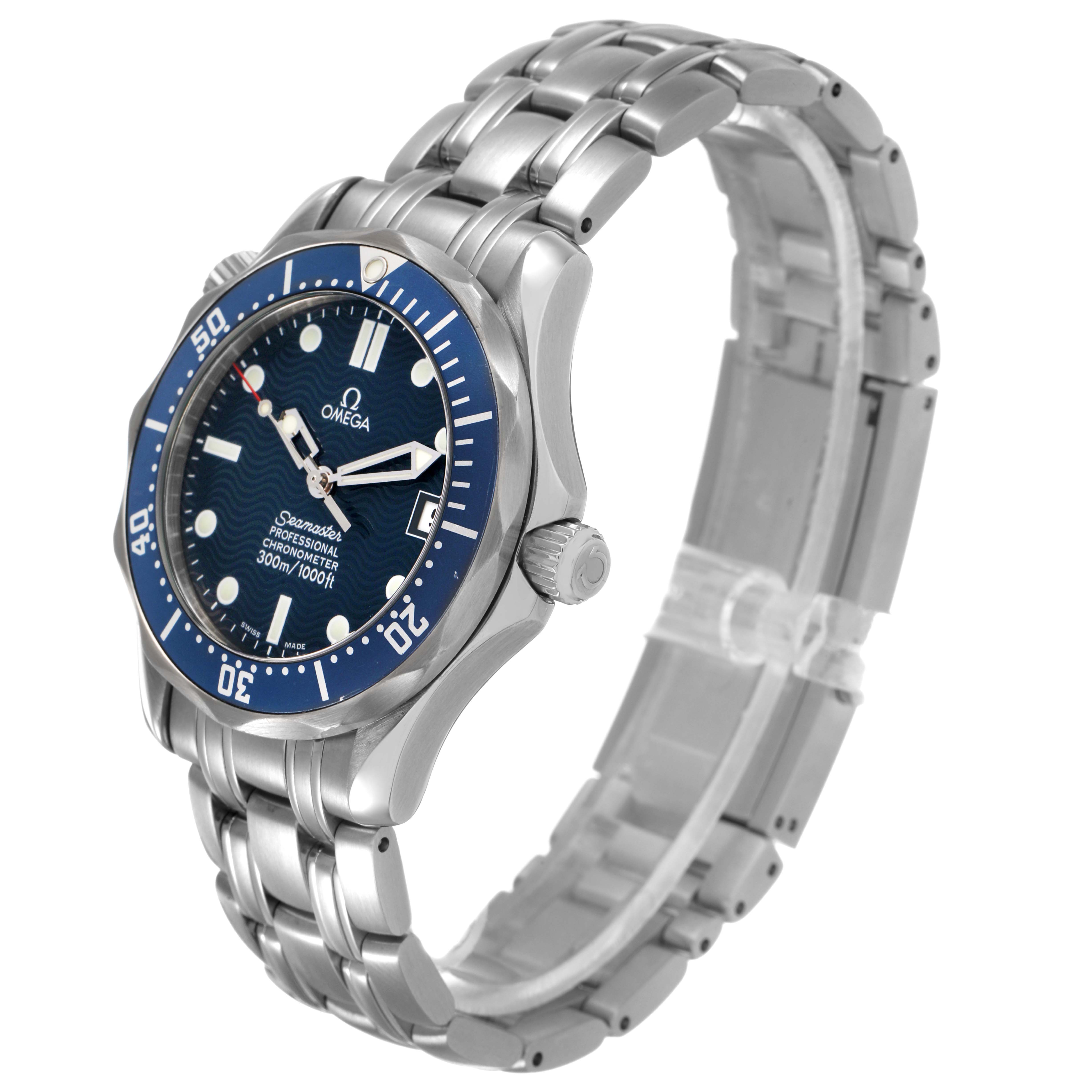 The Omega Seamaster 2551.80.00 Men's Stainless Steel Blue Dial watch is shown at a slight angle, displaying the face, bezel, crown, and bracelet.