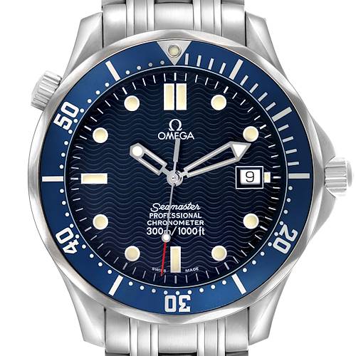 The Omega Seamaster 2531.80.00 Men's Stainless Steel Blue Dial watch is shown from the front, displaying the dial, hands, date window, and bracelet.