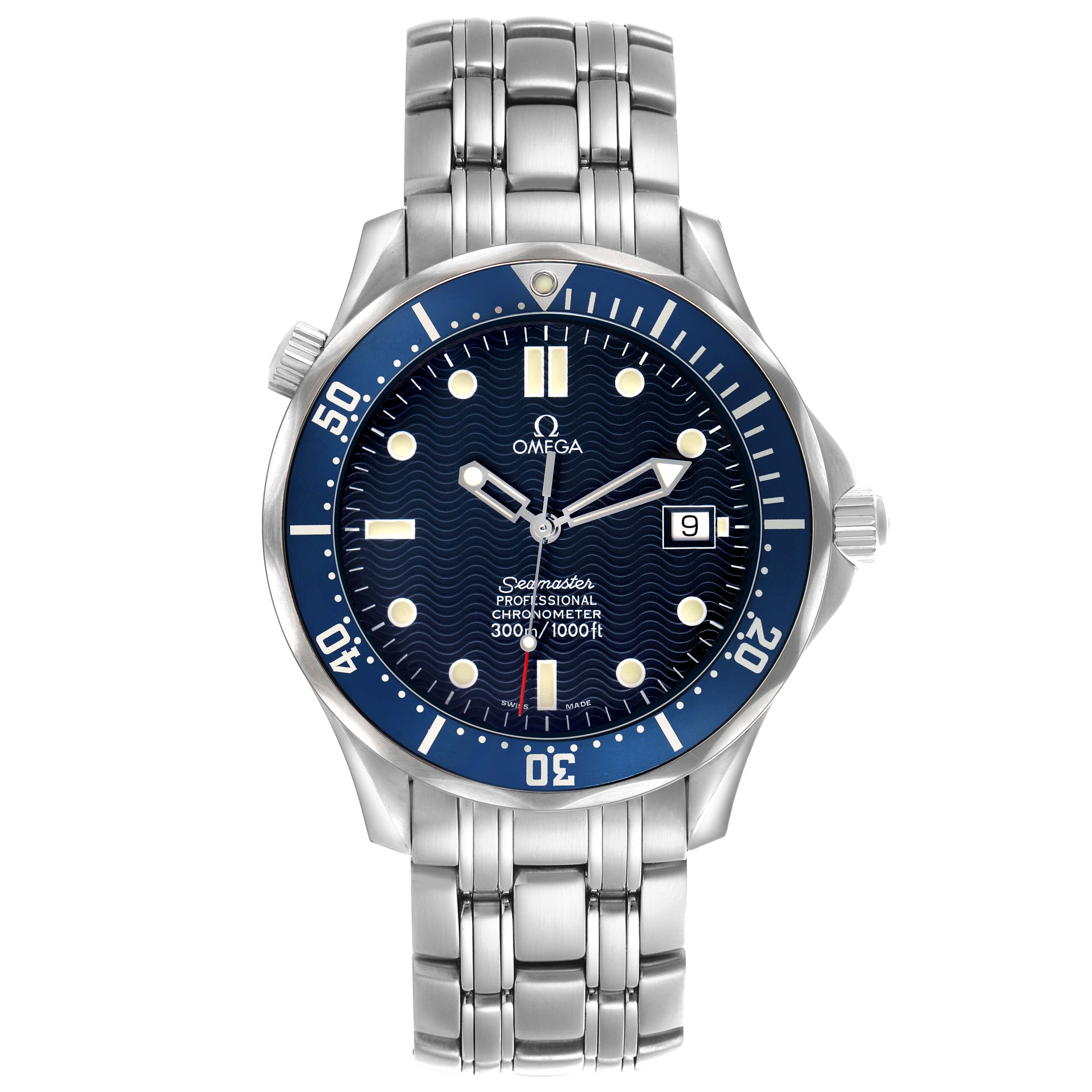 The Omega Seamaster 2531.80.00 Men's Stainless Steel Blue Dial watch is shown from the front, displaying the face, bezel, bracelet, and crown.