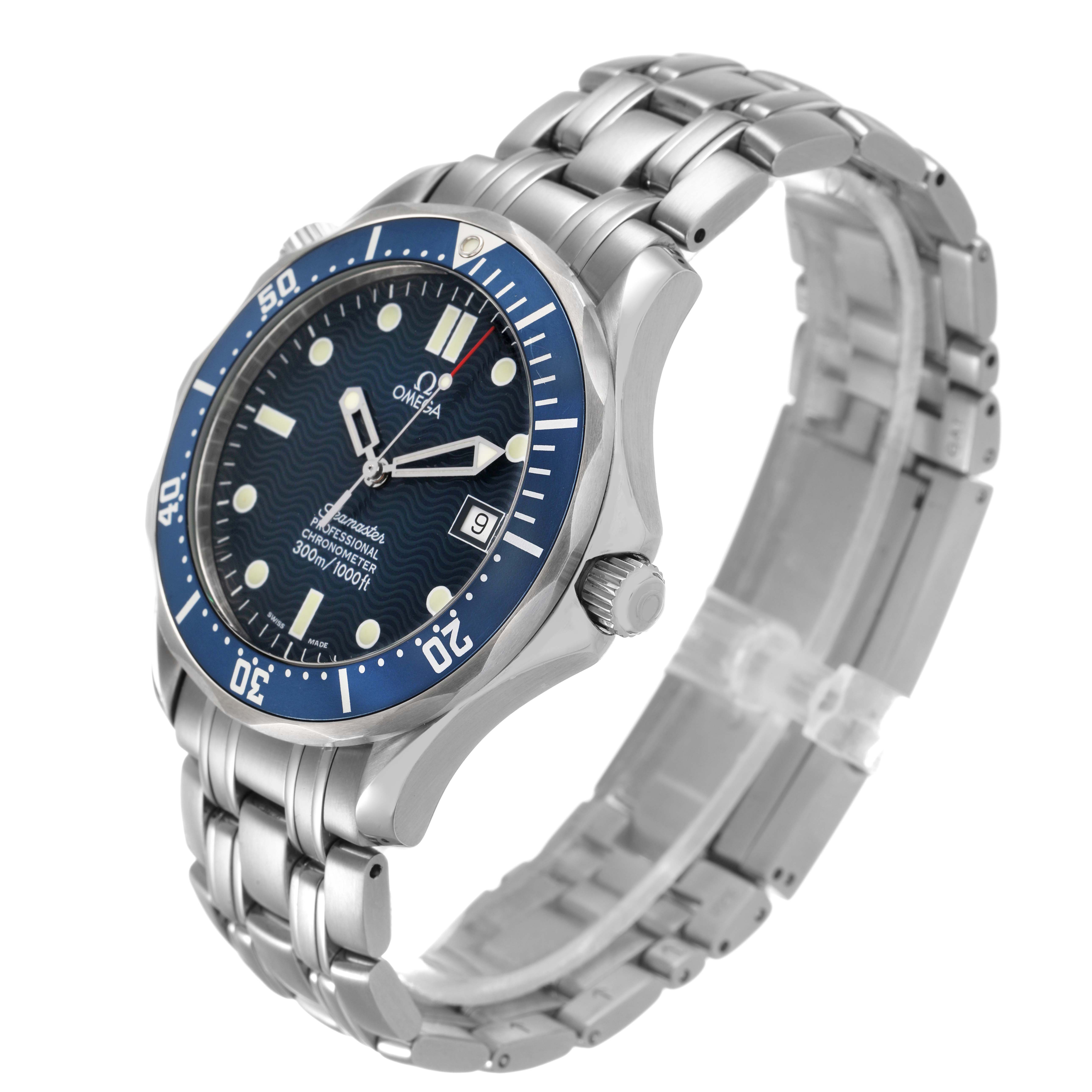 The Omega Seamaster 2531.80.00 Men's Stainless Steel Blue Dial watch is shown at an angle highlighting the face, bezel, and bracelet.