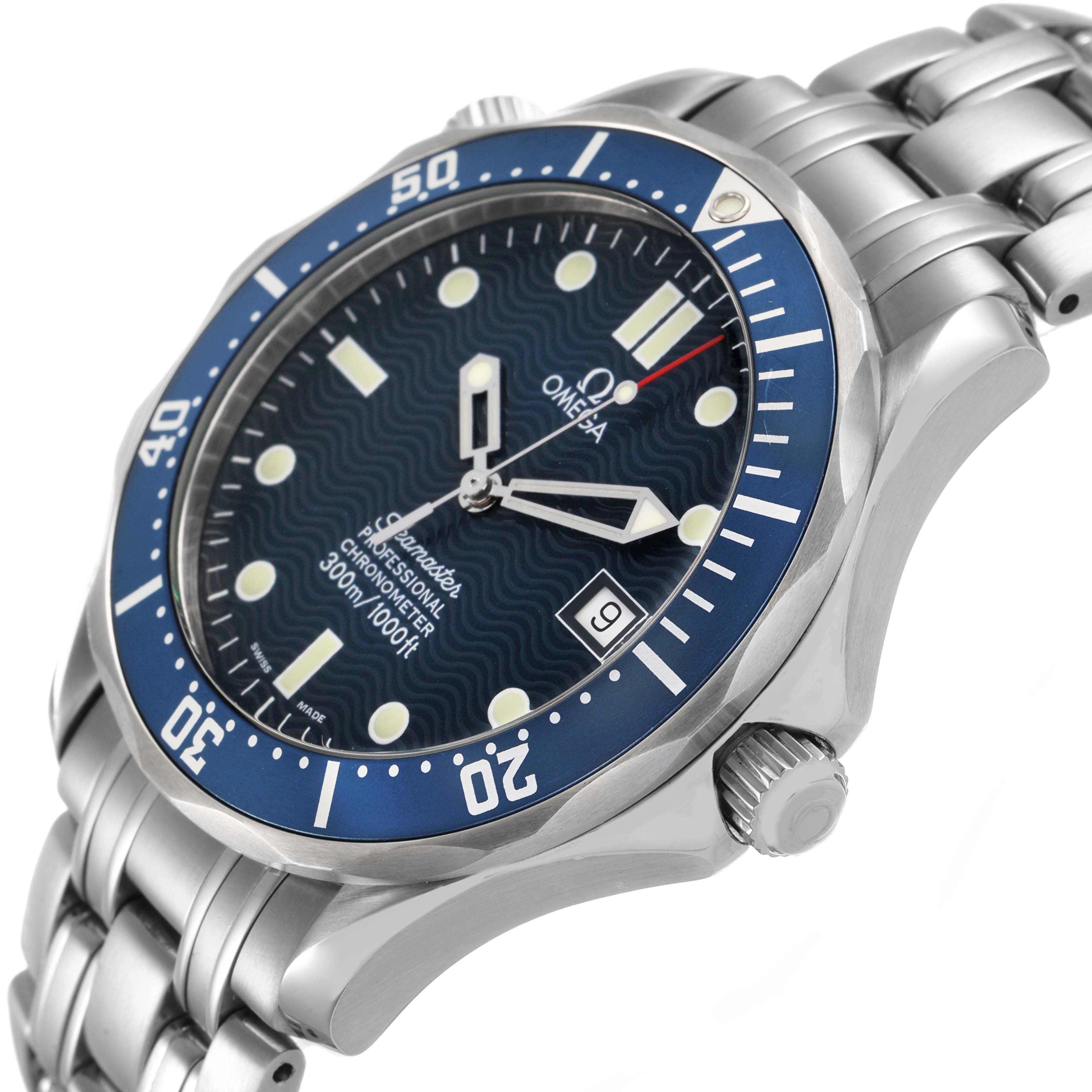The Omega Seamaster 2531.80.00 Men's Stainless Steel Blue Dial watch is shown at a three-quarter angle highlighting the dial, bezel, crown, and bracelet.