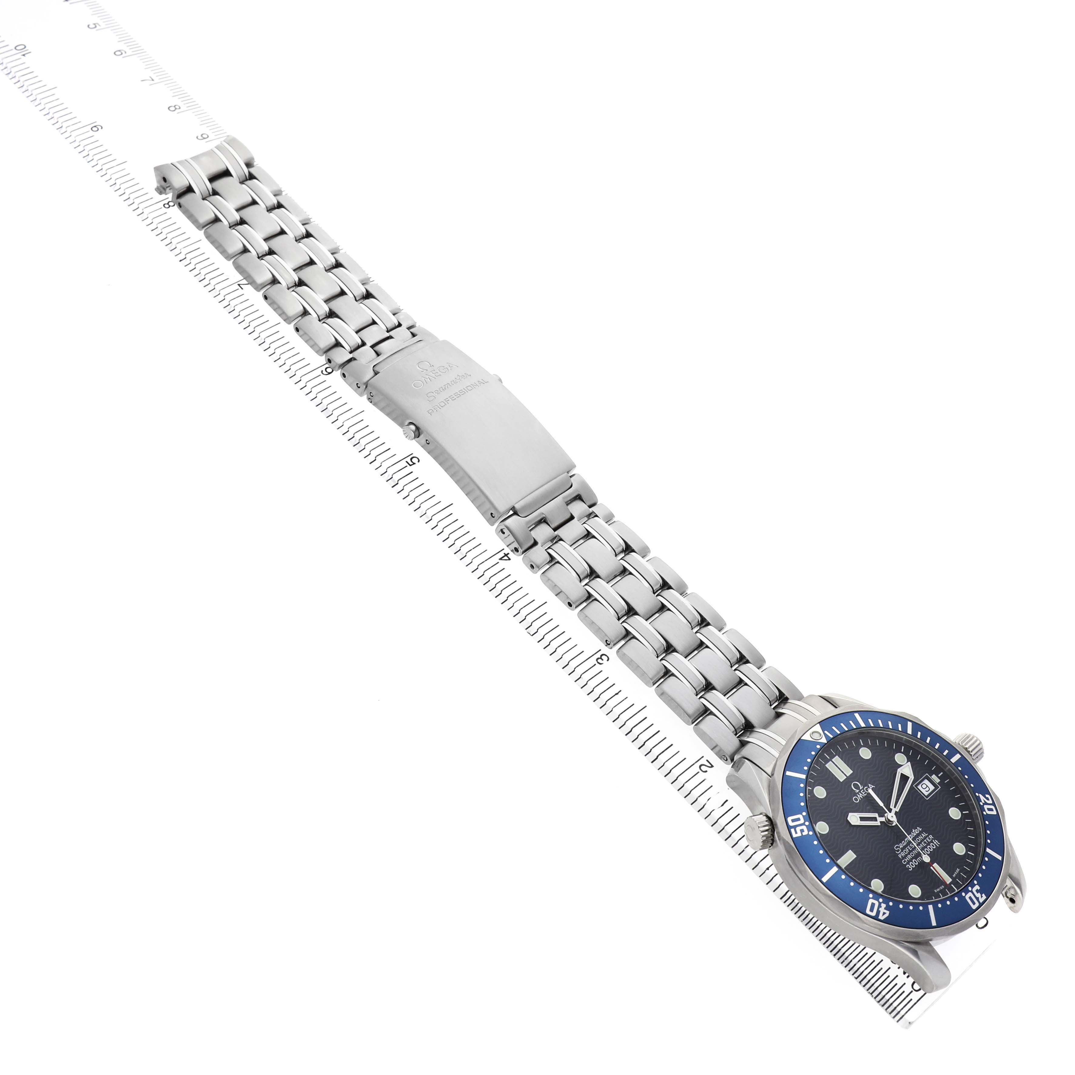 The Omega Seamaster 2531.80.00 Men's Stainless Steel Blue Dial watch is shown at an angled top view, highlighting the full strap, clasp, and dial.