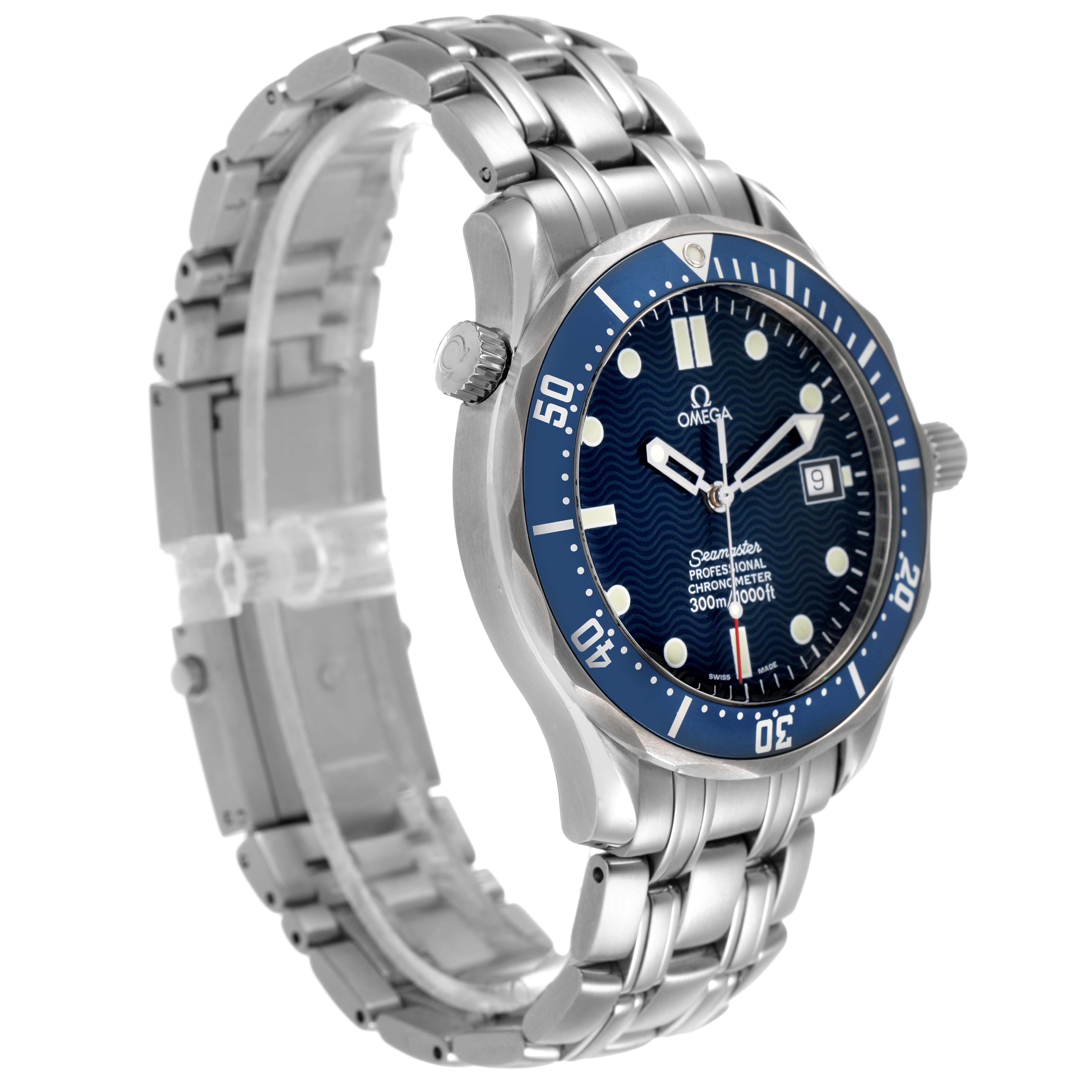 The Omega Seamaster 2531.80.00 Men's Stainless Steel Blue Dial watch is shown at a three-quarter angle, highlighting the face, bezel, bracelet, and crown.