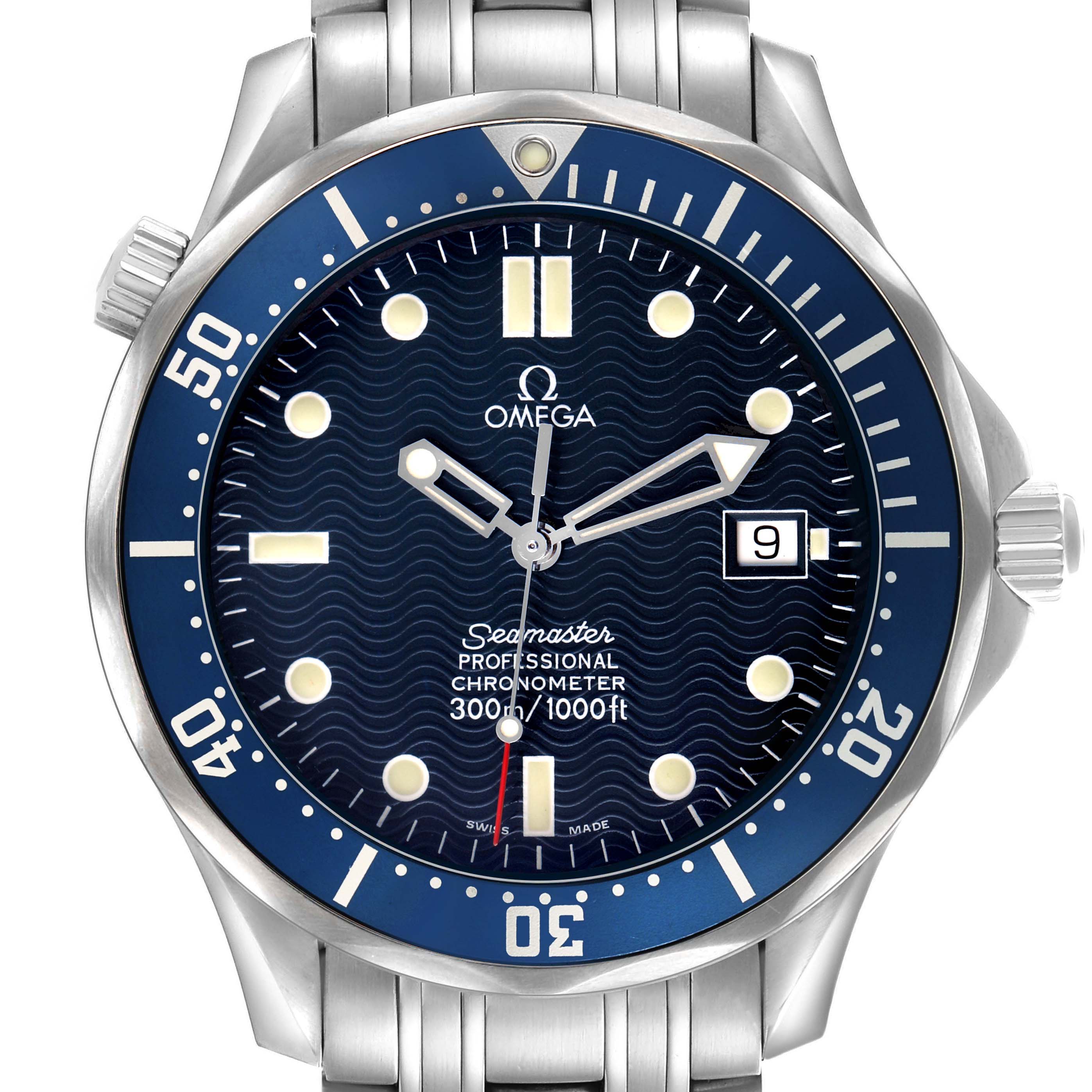 The Omega Seamaster 2531.80.00 Men's Stainless Steel Blue Dial watch is shown from a front angle, displaying its blue dial and stainless steel bracelet.