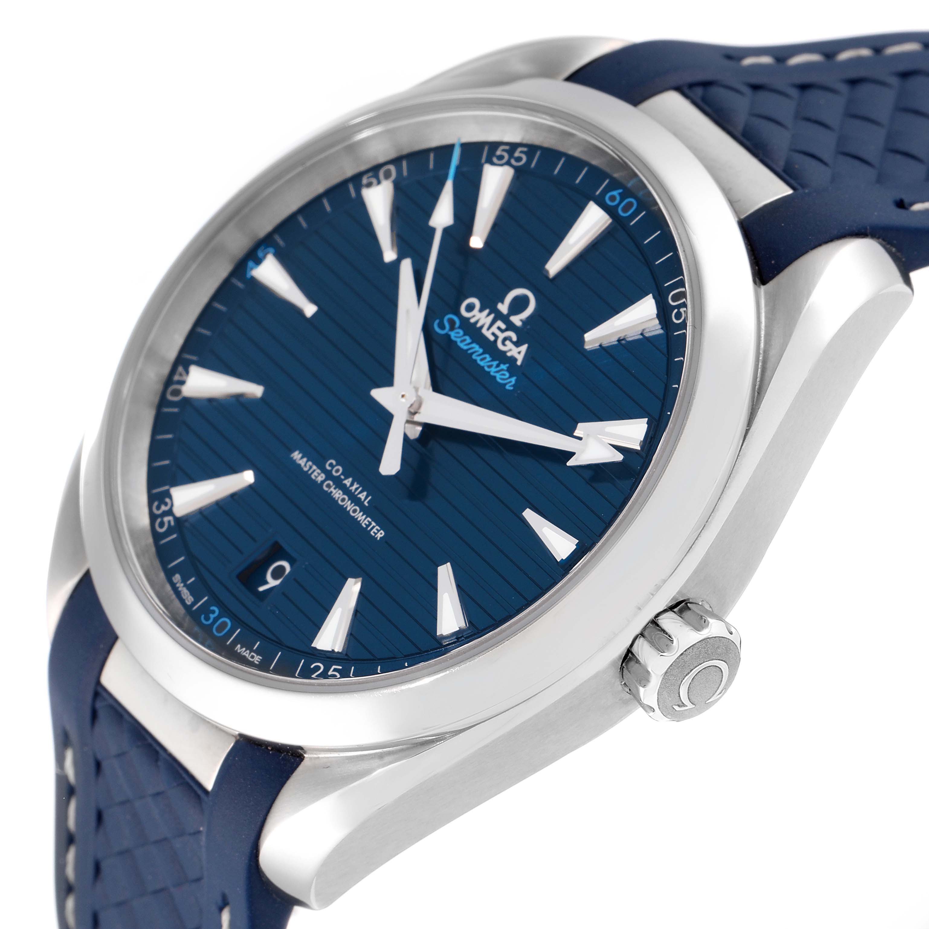The image shows a front angle of an Omega Aqua Terra 220.12.41.21.03.001 Men
s Stainless Steel Blue Dial 220.12.41.21.03.001 Men
s Stainless Steel Blue Dial watch, highlighting the blue dial, crown, and part of the strap.