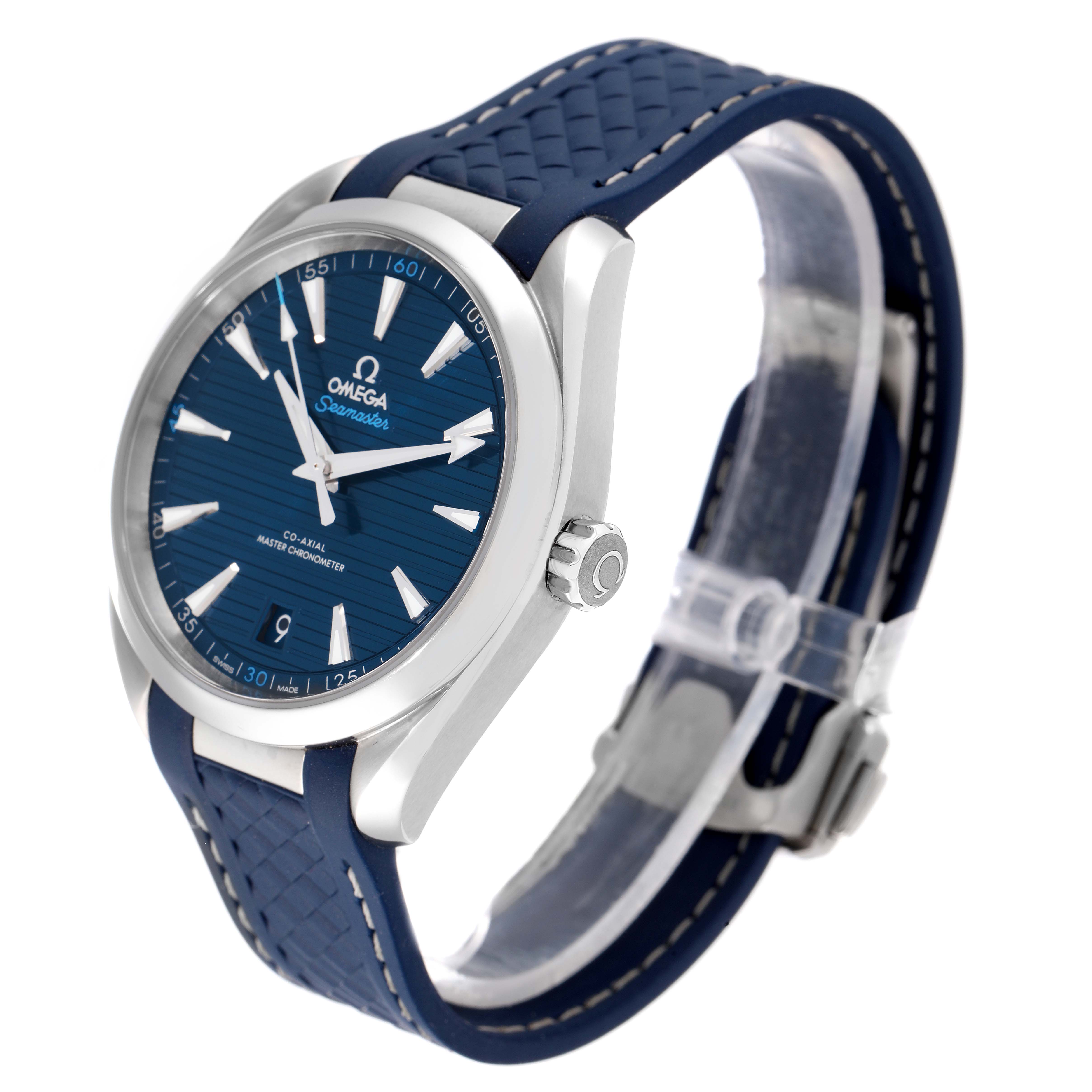 The Omega Aqua Terra 220.12.41.21.03.001 Men
s Stainless Steel Blue Dial 220.12.41.21.03.001 Men
s Stainless Steel Blue Dial watch is shown from a three-quarter angle, highlighting the face, bezel, crown, and strap.