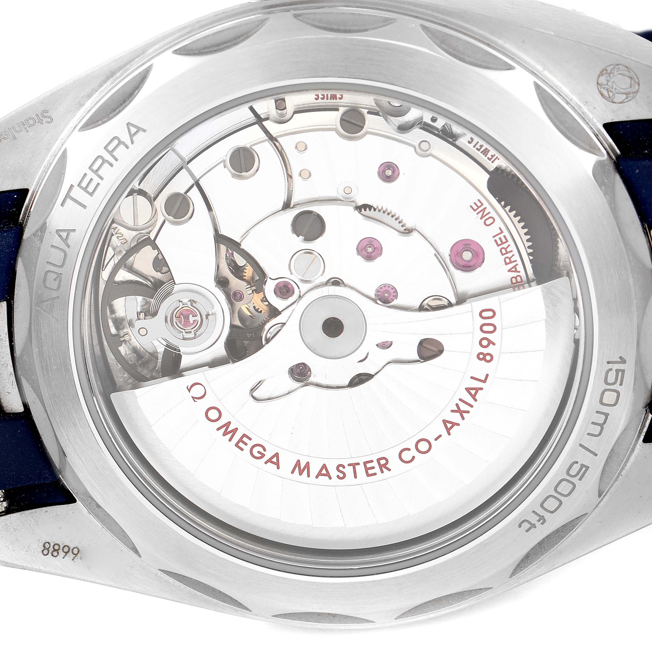 The Omega Aqua Terra 220.12.41.21.03.001 Men
s Stainless Steel Blue Dial 220.12.41.21.03.001 Men
s Stainless Steel Blue Dial watch is shown from the back, revealing its intricate movement and internal mechanism.