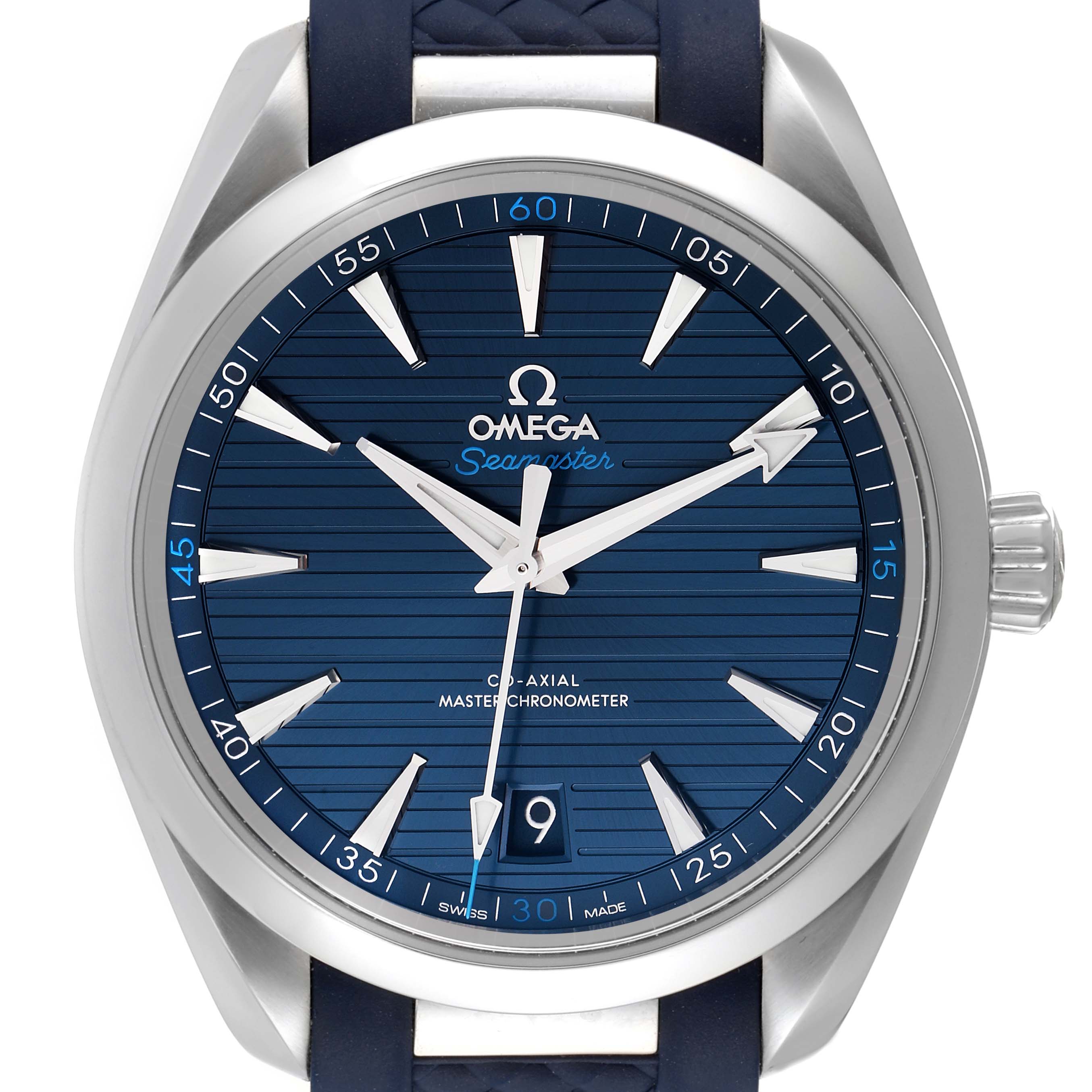 This Omega Aqua Terra 220.12.41.21.03.001 Men
s Stainless Steel Blue Dial 220.12.41.21.03.001 Men
s Stainless Steel Blue Dial watch is shown from a front view, highlighting its dial, bezel, hands, and part of its strap.