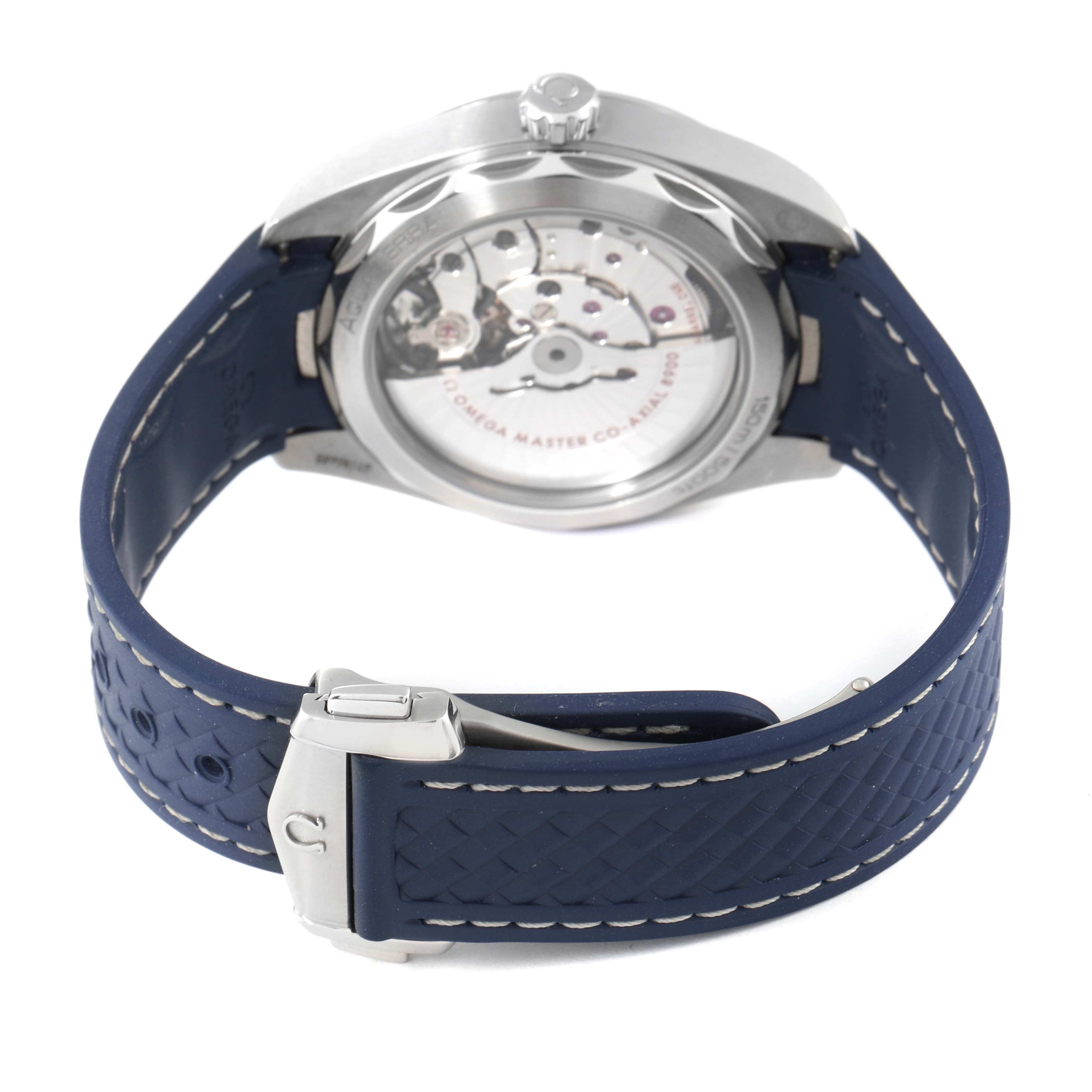 The image shows the back view of the Omega Aqua Terra 220.12.41.21.03.001 Men
s Stainless Steel Blue Dial 220.12.41.21.03.001 Men
s Stainless Steel Blue Dial watch, highlighting its transparent case back and blue rubber strap.