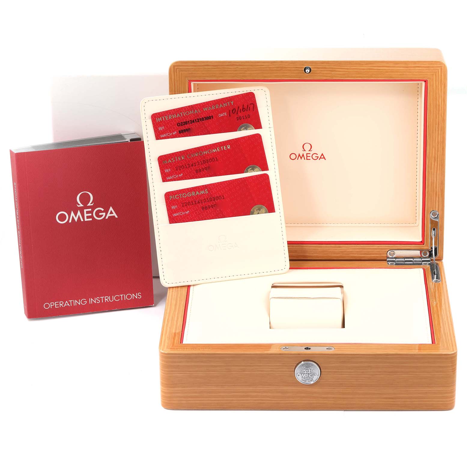 The image shows the packaging and accessories for an Omega Aqua Terra 220.12.41.21.03.001 Men
s Stainless Steel Blue Dial 220.12.41.21.03.001 Men
s Stainless Steel Blue Dial watch, including a wooden box, instruction manual, and warranty cards.