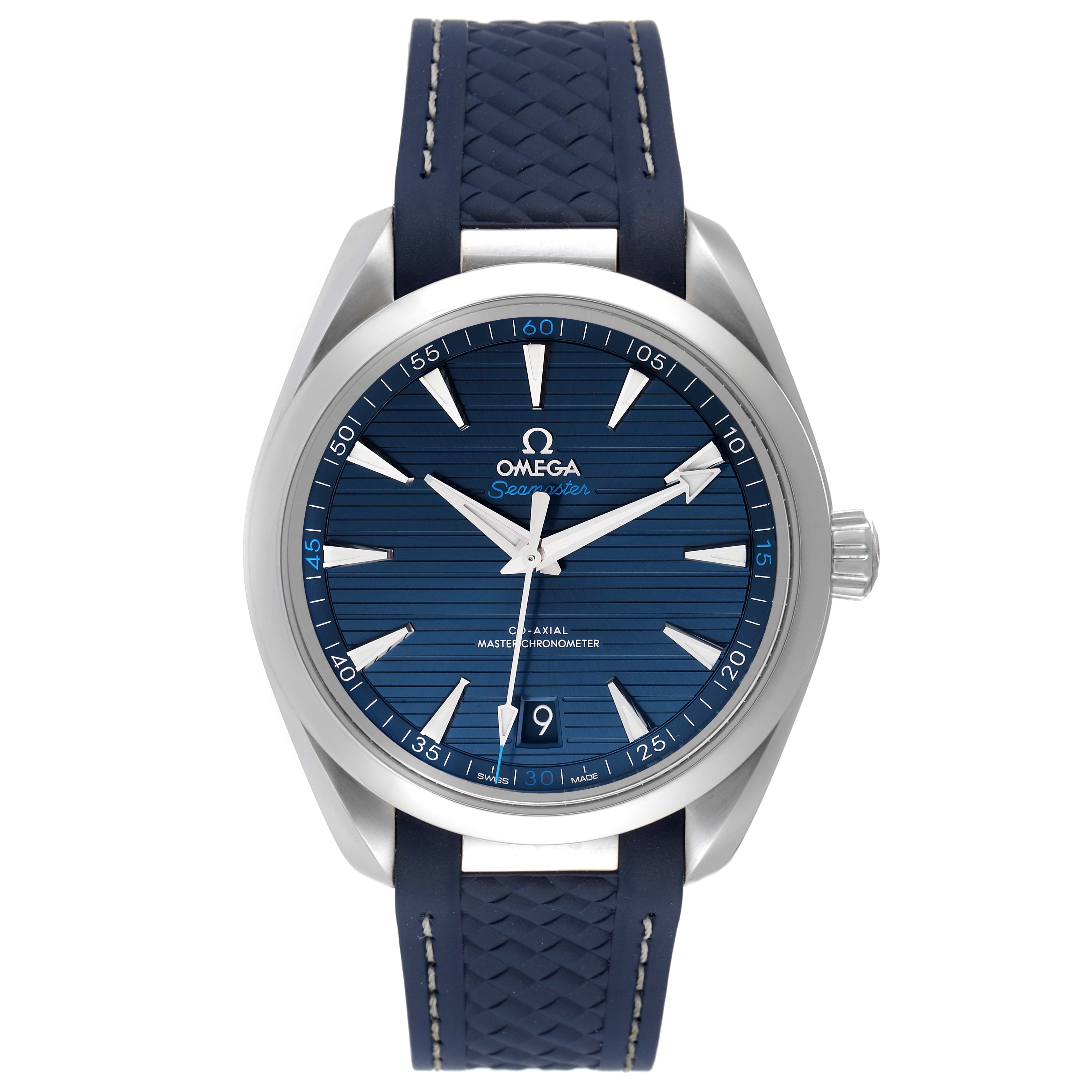 The Omega Aqua Terra 220.12.41.21.03.001 Men
s Stainless Steel Blue Dial 220.12.41.21.03.001 Men
s Stainless Steel Blue Dial watch is shown from a front angle, displaying its blue dial and strap.