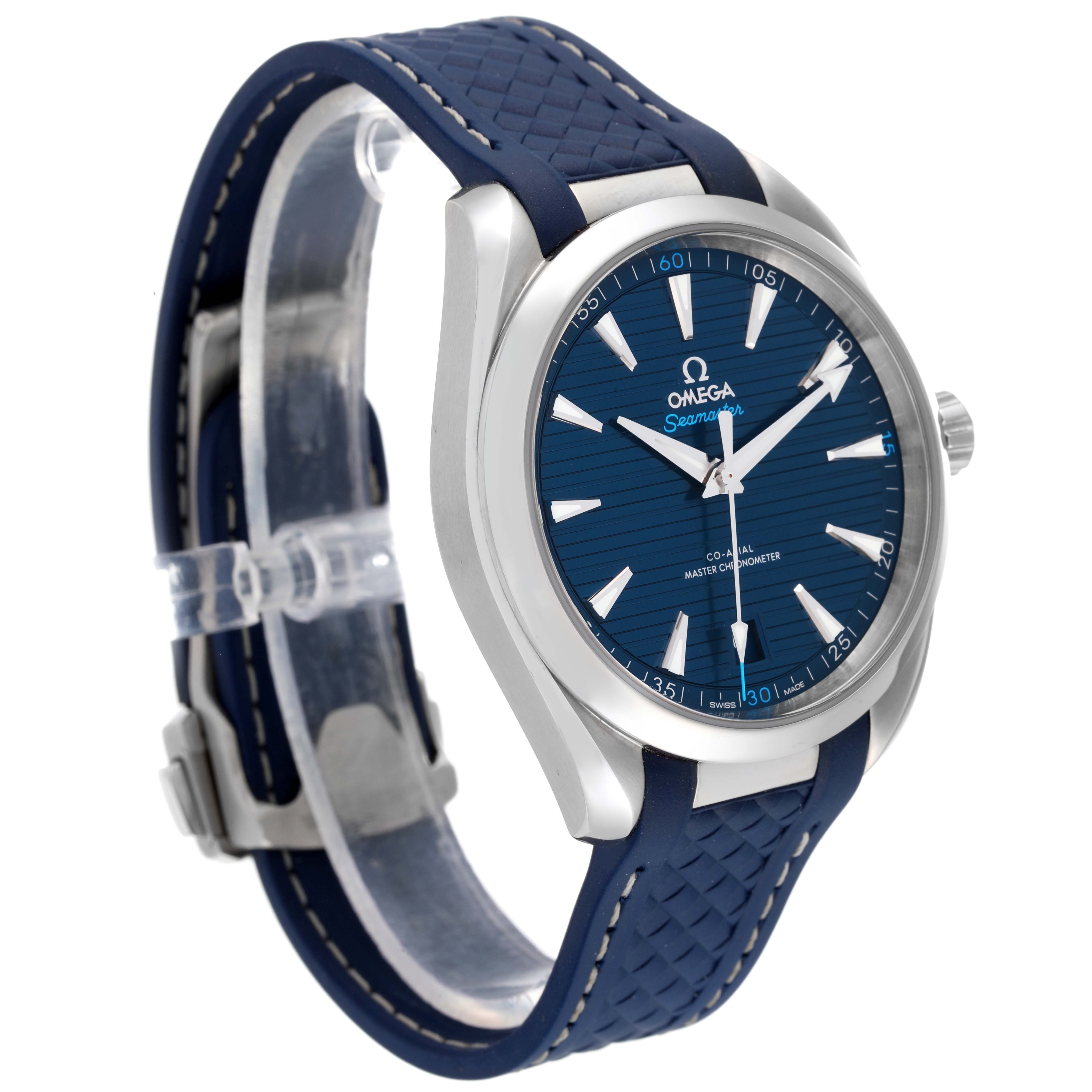 This image shows an Omega Aqua Terra 220.12.41.21.03.001 Men
s Stainless Steel Blue Dial 220.12.41.21.03.001 Men
s Stainless Steel Blue Dial watch angled from the front left, highlighting the blue dial, case, and strap.