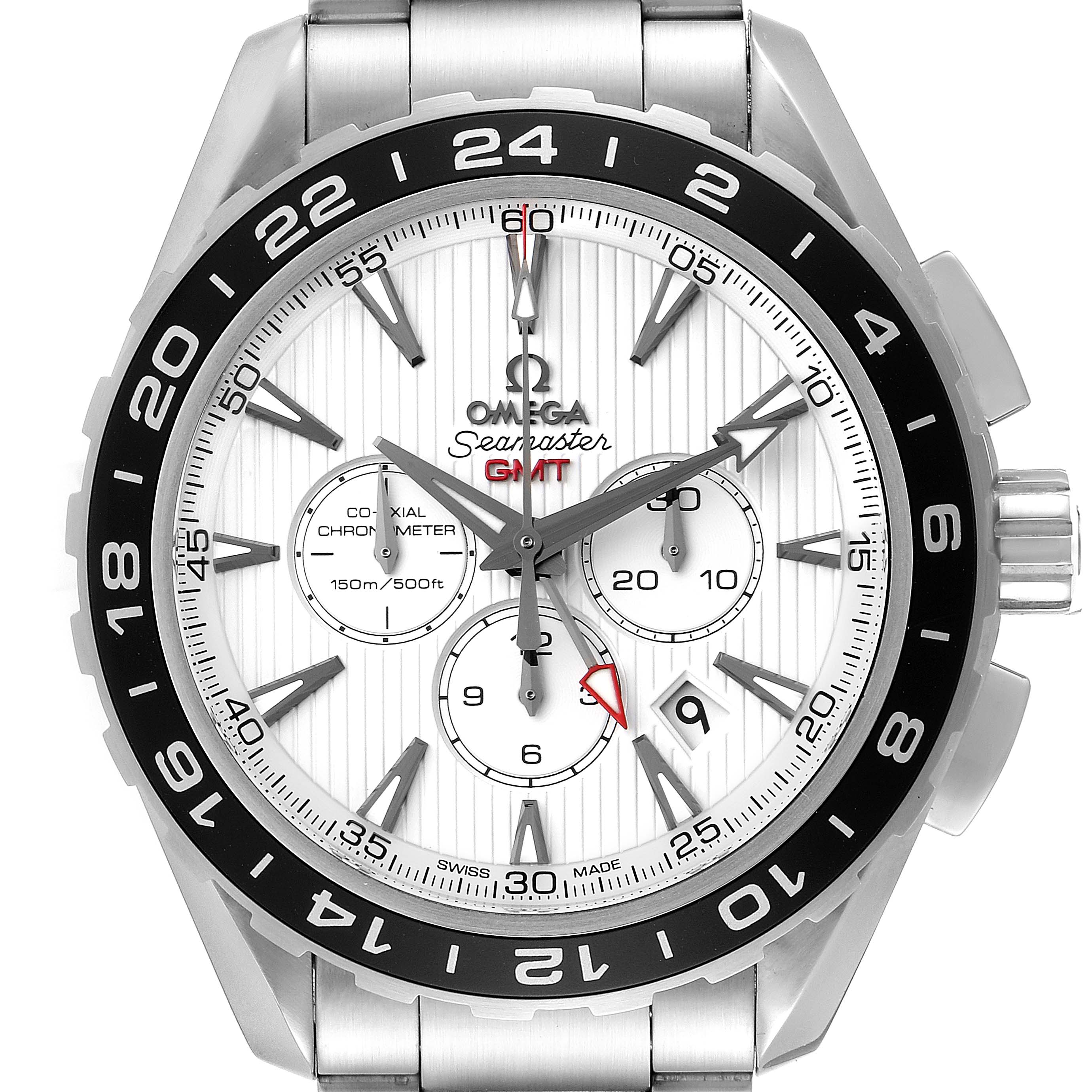 The image shows the front face of the Omega Seamaster 231.10.44.52.04.001 Men's Stainless Steel White Dial 231.10.44.52.04.001 Men's Stainless Steel White Dial GMT watch, with details of the dial, hands, subdials, and bezel.