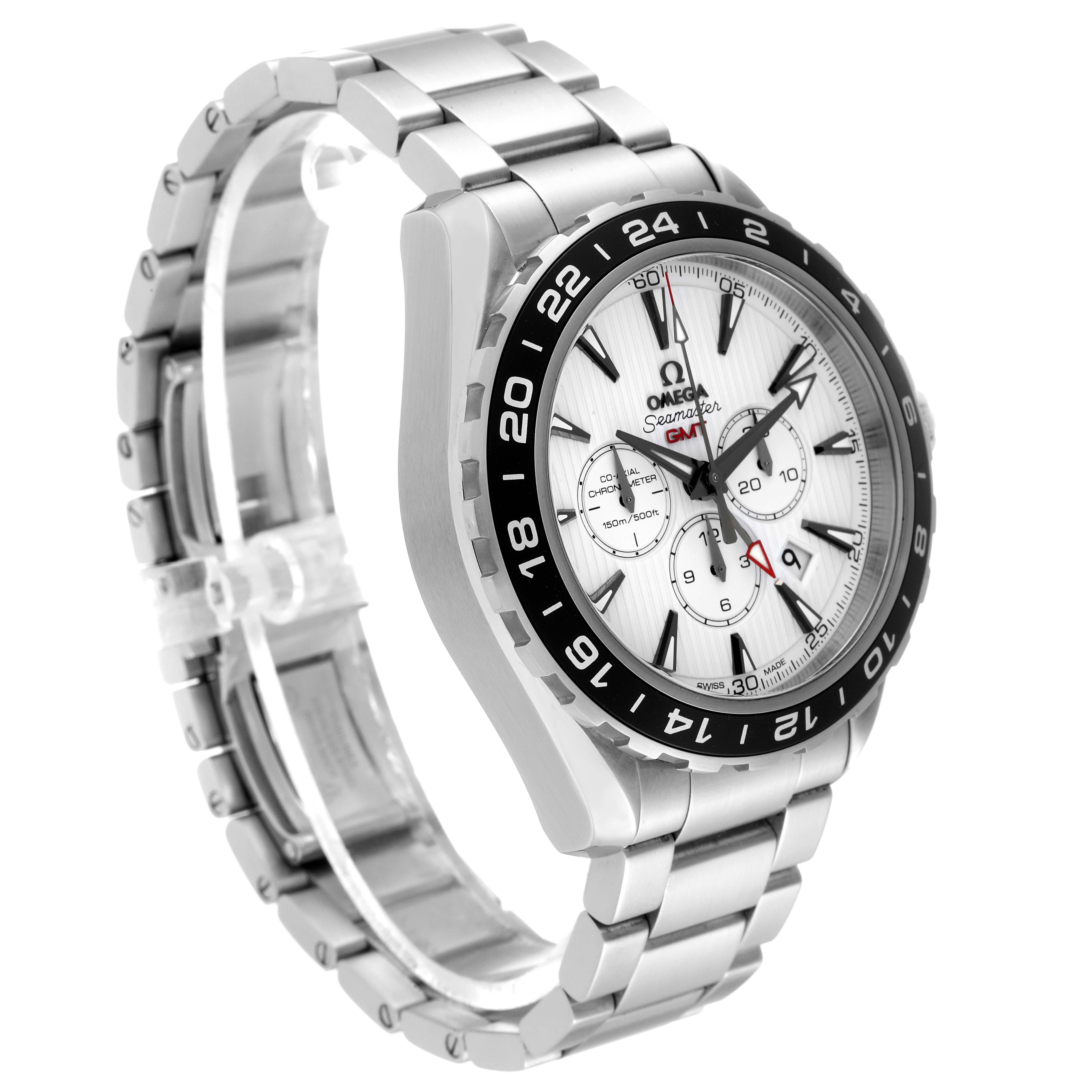 The image shows an angled side view of an Omega Seamaster 231.10.44.52.04.001 Men's Stainless Steel White Dial 231.10.44.52.04.001 Men's Stainless Steel White Dial watch, highlighting its bracelet, bezel, and face.