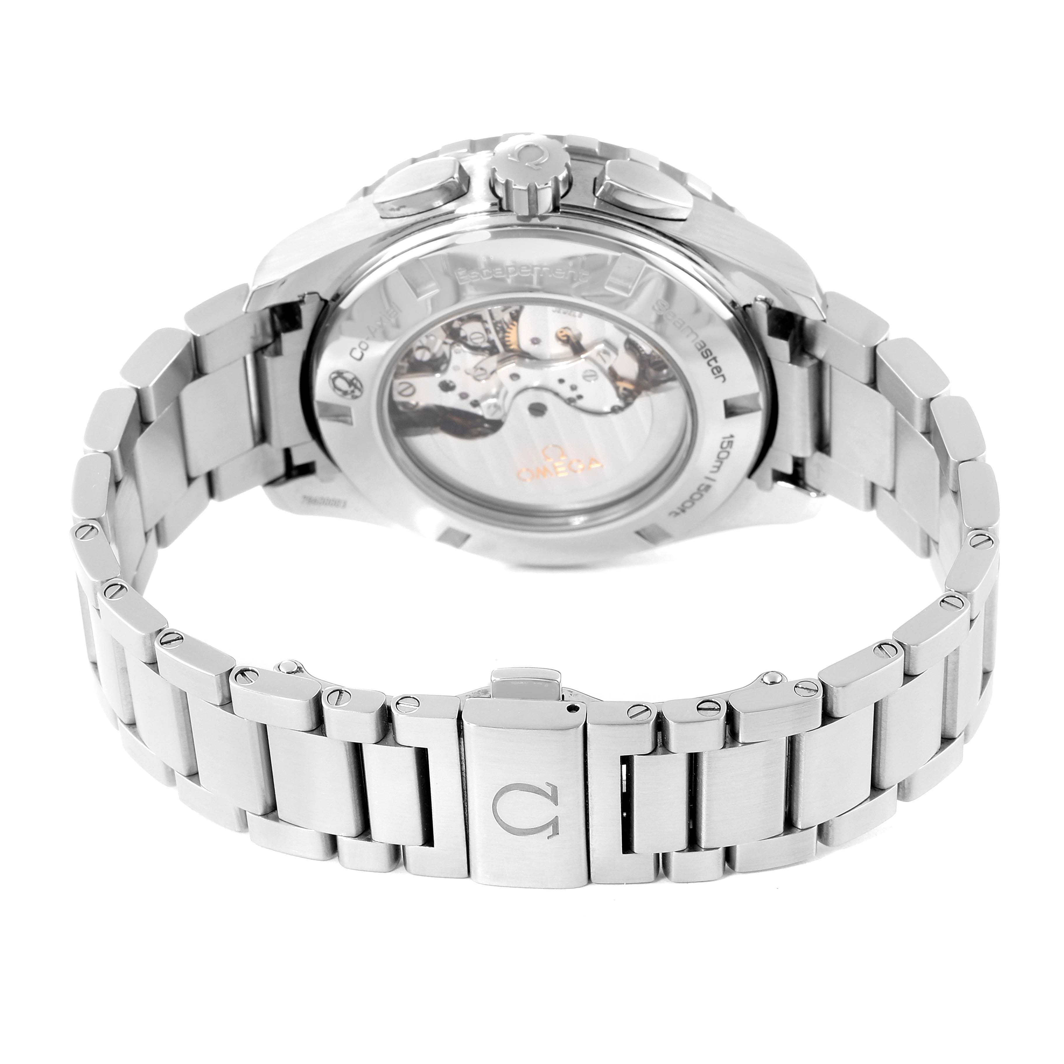 The image shows the back view of an Omega Seamaster 231.10.44.52.04.001 Men's Stainless Steel White Dial 231.10.44.52.04.001 Men's Stainless Steel White Dial watch, highlighting its stainless steel bracelet and transparent case back.