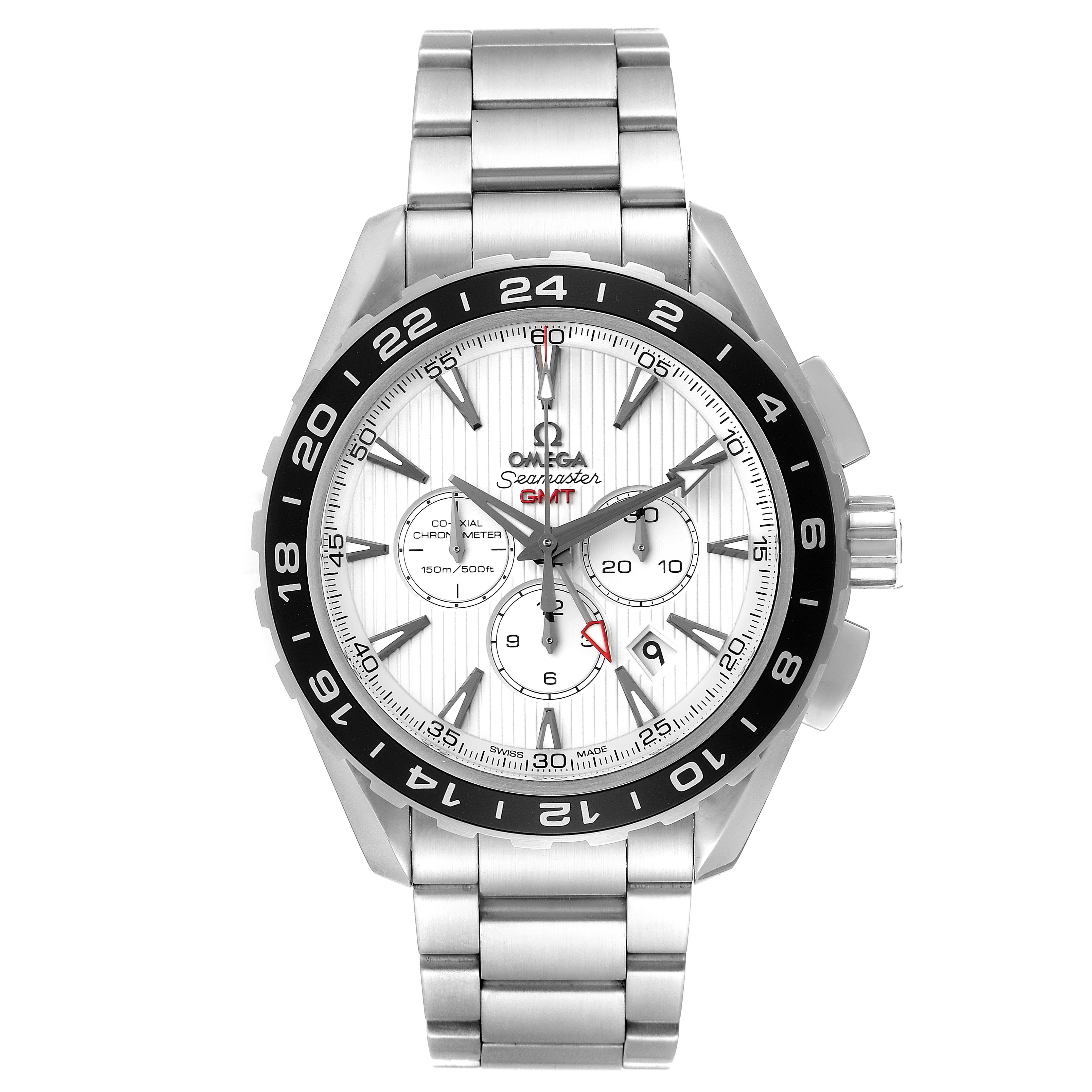 The image shows the Omega Seamaster 231.10.44.52.04.001 Men's Stainless Steel White Dial 231.10.44.52.04.001 Men's Stainless Steel White Dial watch from a front angle, highlighting its bezel, dial, hands, subdials, and bracelet.