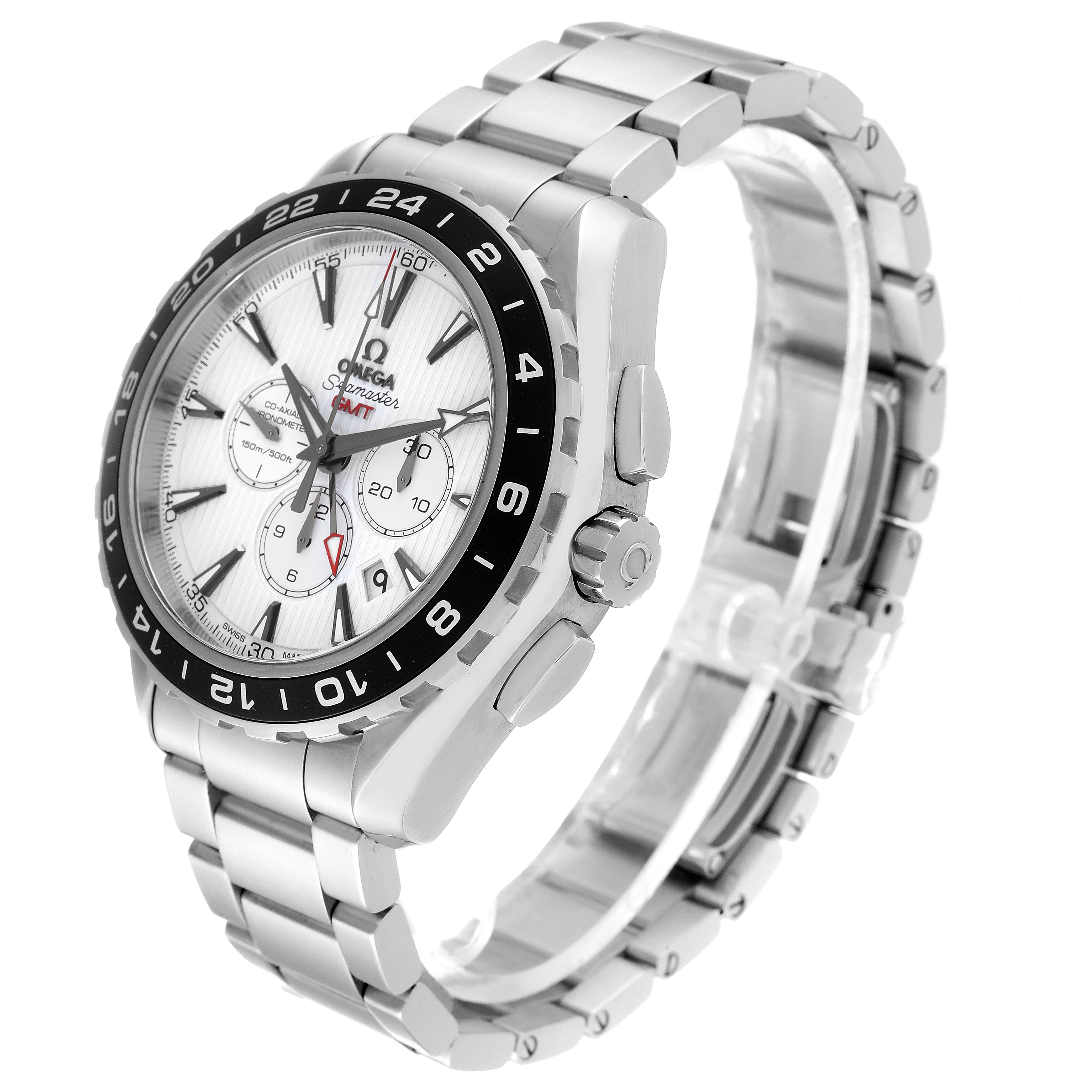 The image shows a side view of an Omega Seamaster 231.10.44.52.04.001 Men's Stainless Steel White Dial 231.10.44.52.04.001 Men's Stainless Steel White Dial watch, highlighting the bezel, crown, bracelet, and dial.