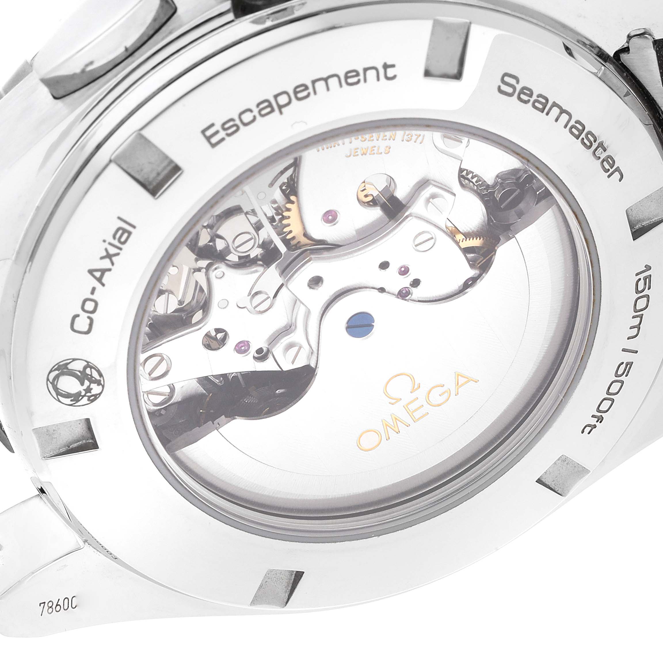 The image shows the back case of an Omega Seamaster 231.10.44.52.04.001 Men's Stainless Steel White Dial 231.10.44.52.04.001 Men's Stainless Steel White Dial watch, highlighting the Co-Axial escapement mechanism.