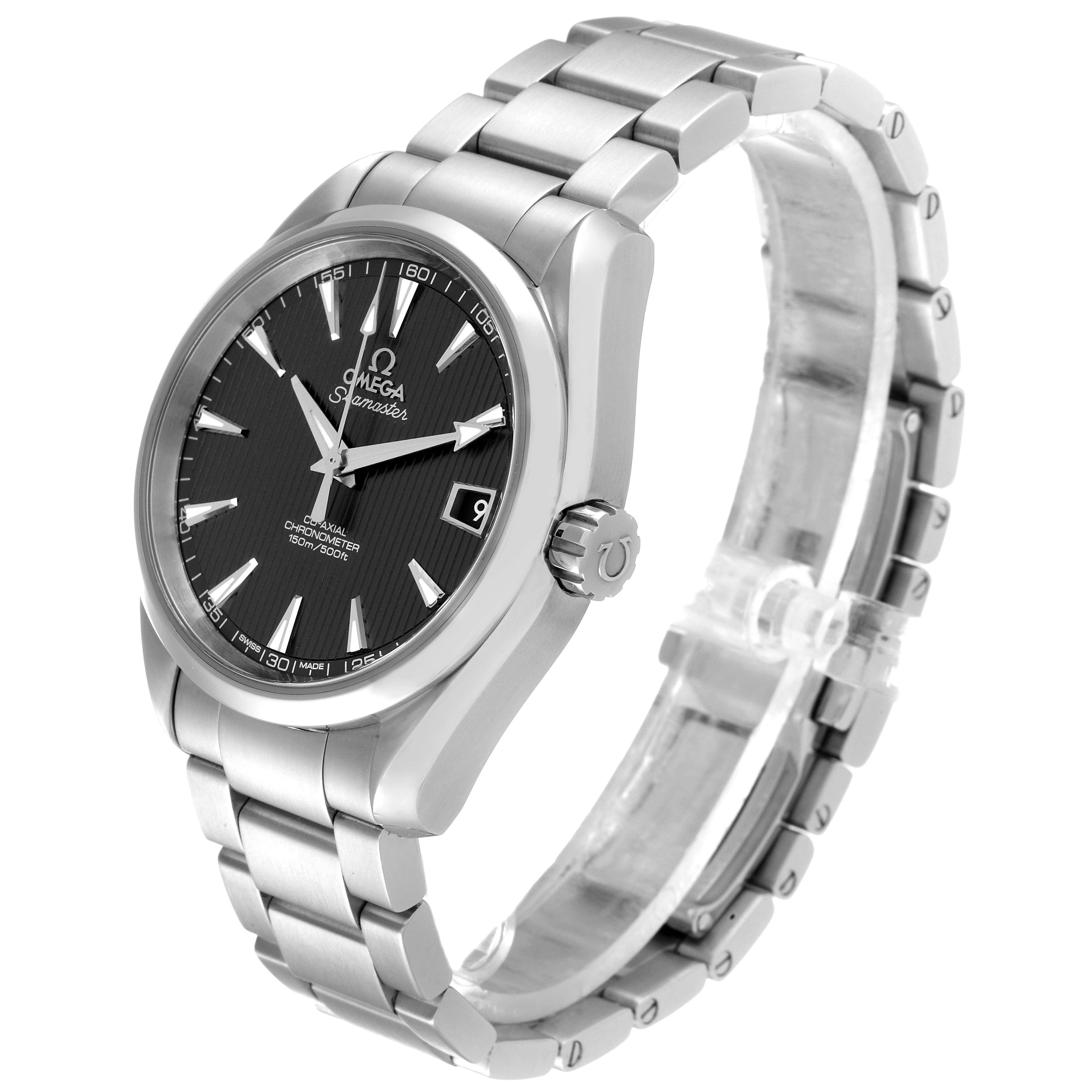 The image shows a side angle of an Omega Aqua Terra 231.10.39.21.06.001 Men
s Stainless Steel Grey Dial 231.10.39.21.06.001 Men
s Stainless Steel Grey Dial watch, showcasing the face, crown, and metal bracelet.