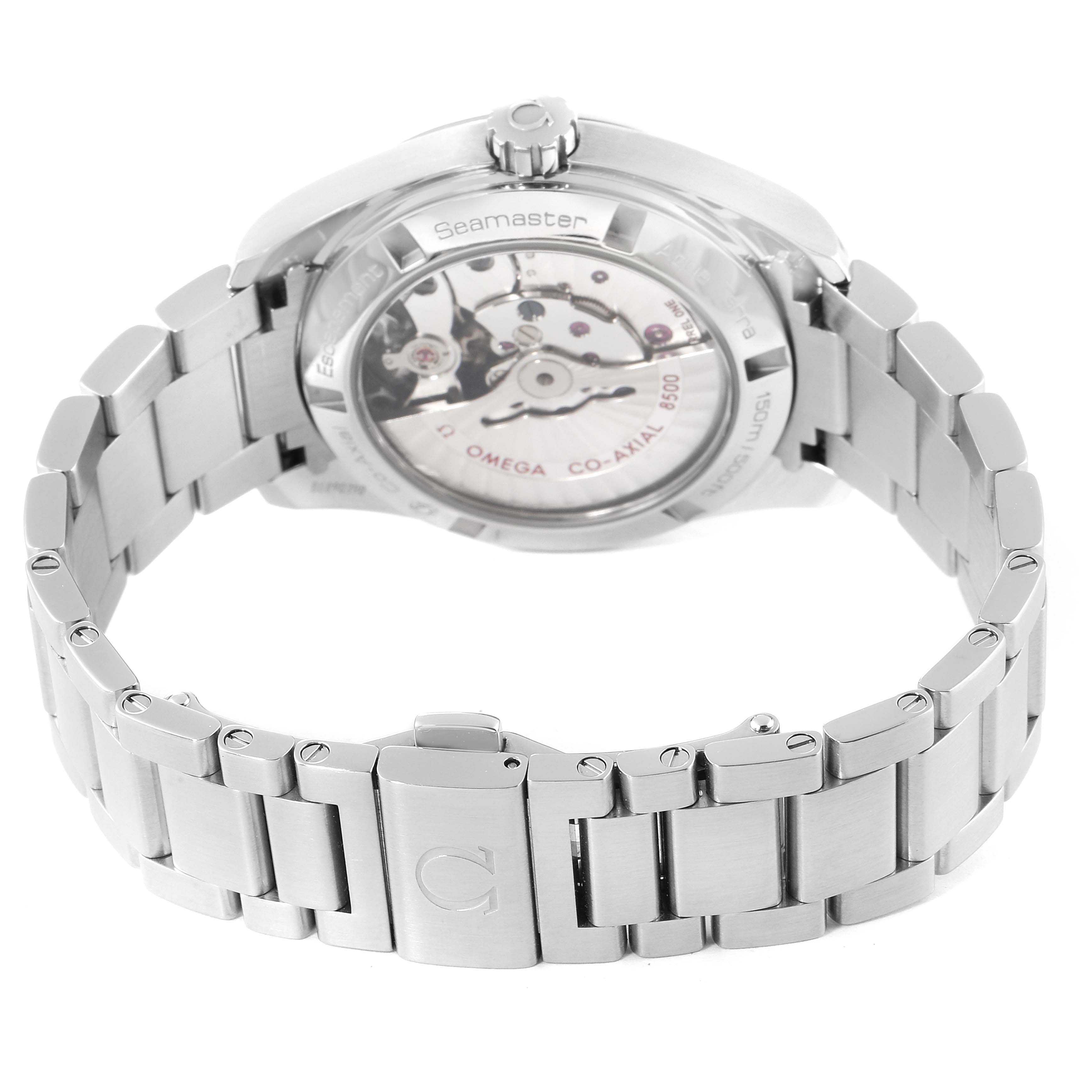 The image shows the back view of the Omega Aqua Terra 231.10.39.21.06.001 Men
s Stainless Steel Grey Dial 231.10.39.21.06.001 Men
s Stainless Steel Grey Dial watch, highlighting its automatic movement and metal bracelet.