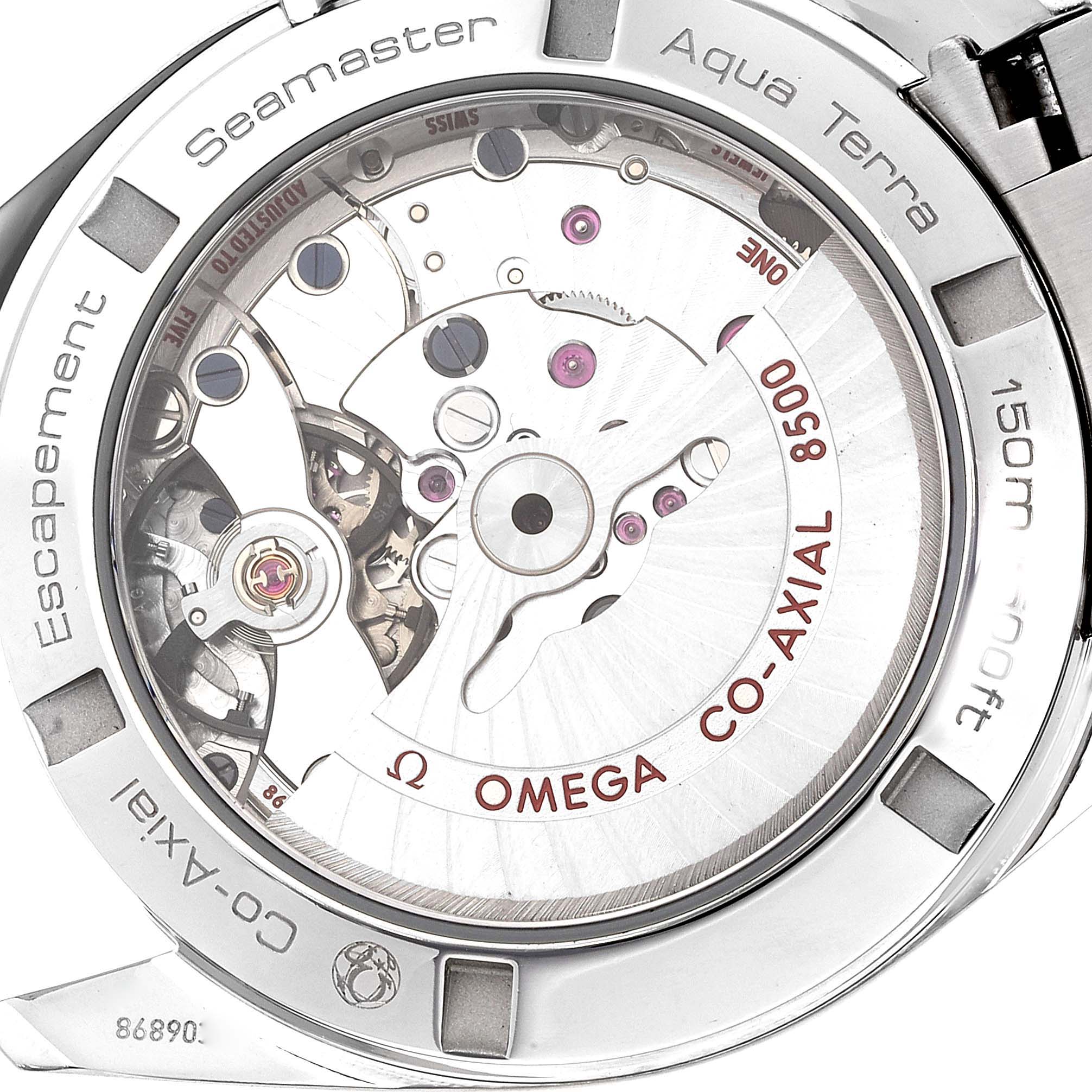 The image shows the back view of an Omega Aqua Terra 231.10.39.21.06.001 Men
s Stainless Steel Grey Dial 231.10.39.21.06.001 Men
s Stainless Steel Grey Dial watch, highlighting its internal movement components and branding.