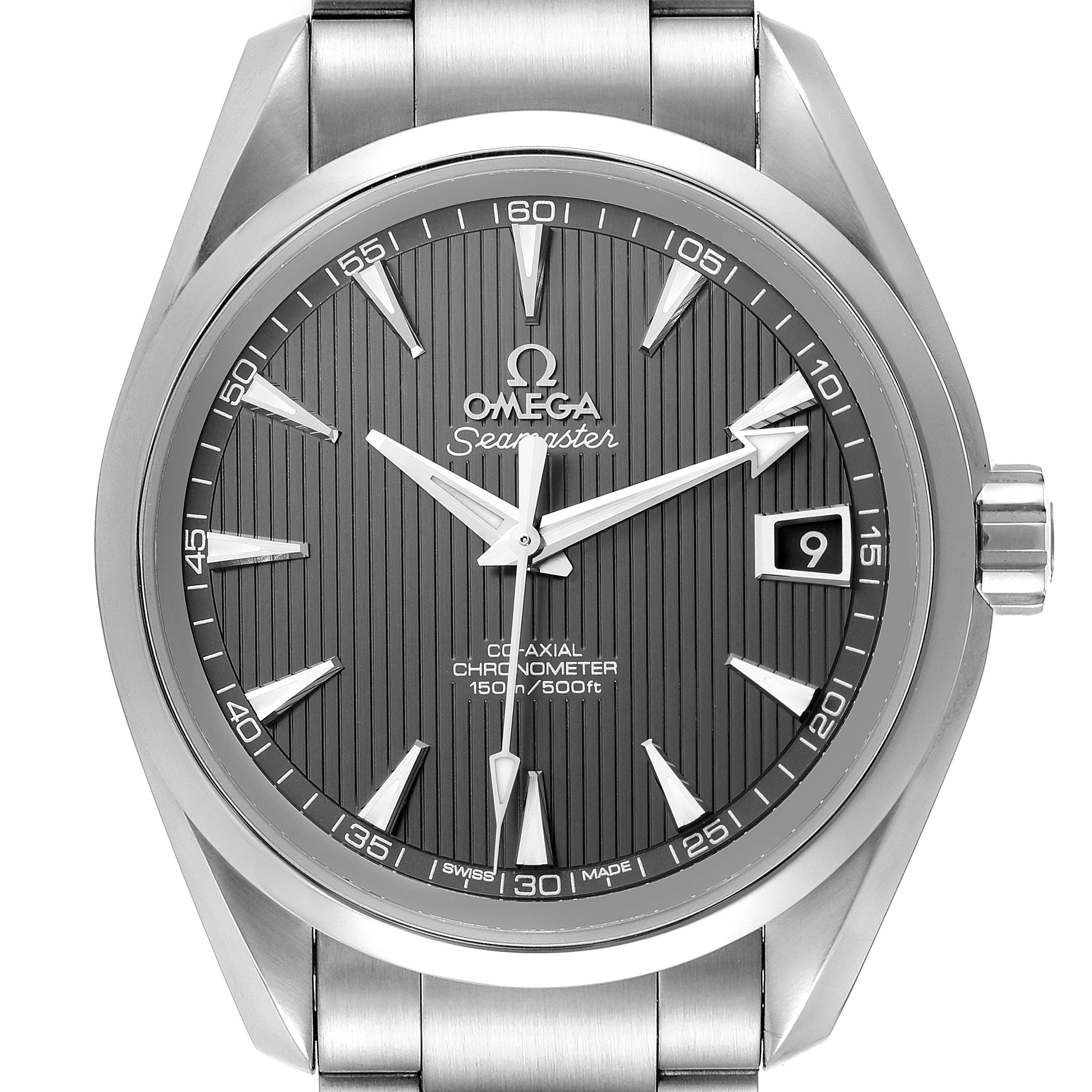 The image shows a frontal view of the Omega Aqua Terra 231.10.39.21.06.001 Men
s Stainless Steel Grey Dial 231.10.39.21.06.001 Men
s Stainless Steel Grey Dial Seamaster watch, highlighting its face, bezel, and part of the metal bracelet.