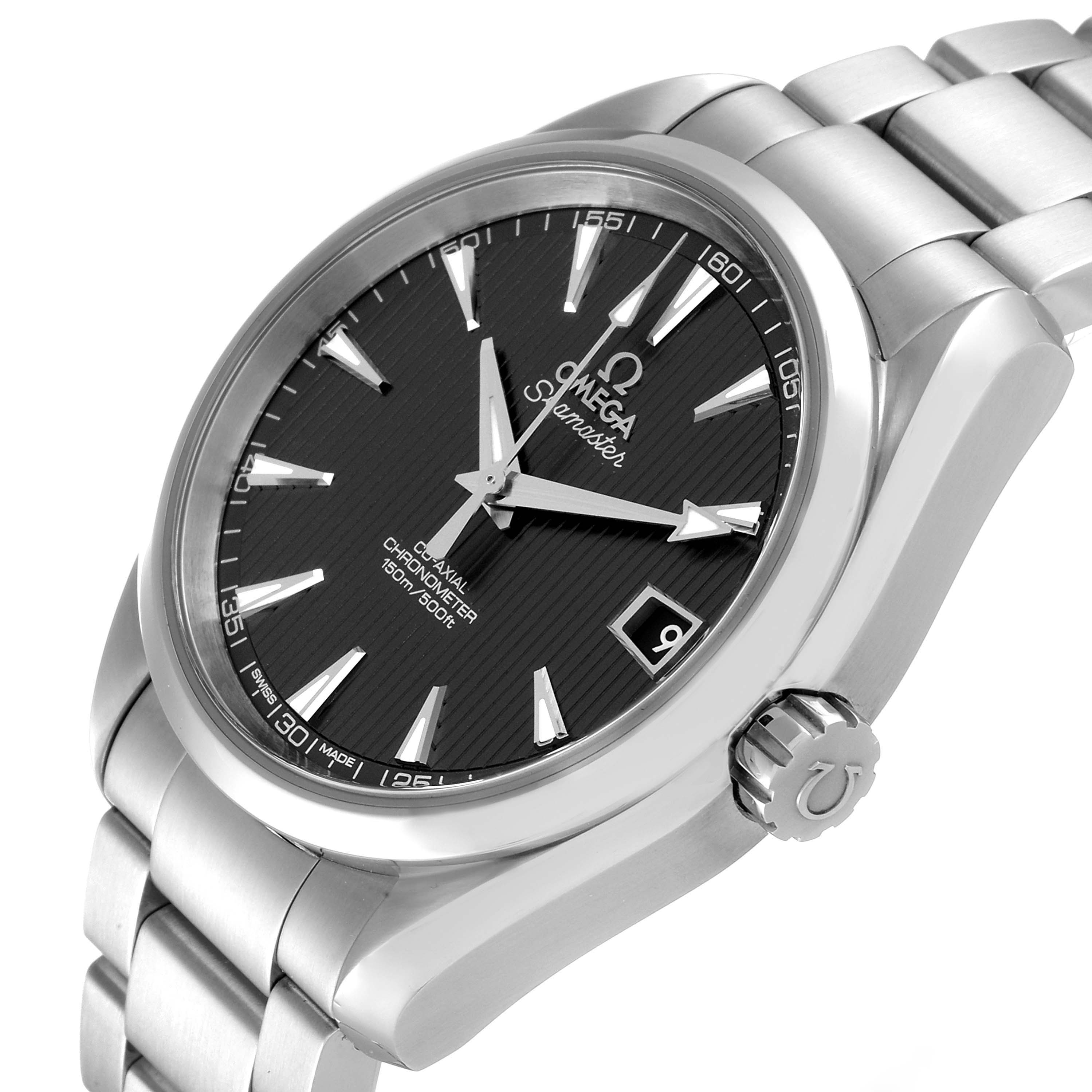 The image shows an angled view of the Omega Aqua Terra 231.10.39.21.06.001 Men
s Stainless Steel Grey Dial 231.10.39.21.06.001 Men
s Stainless Steel Grey Dial watch, highlighting its face, bezel, bracelet, and crown.