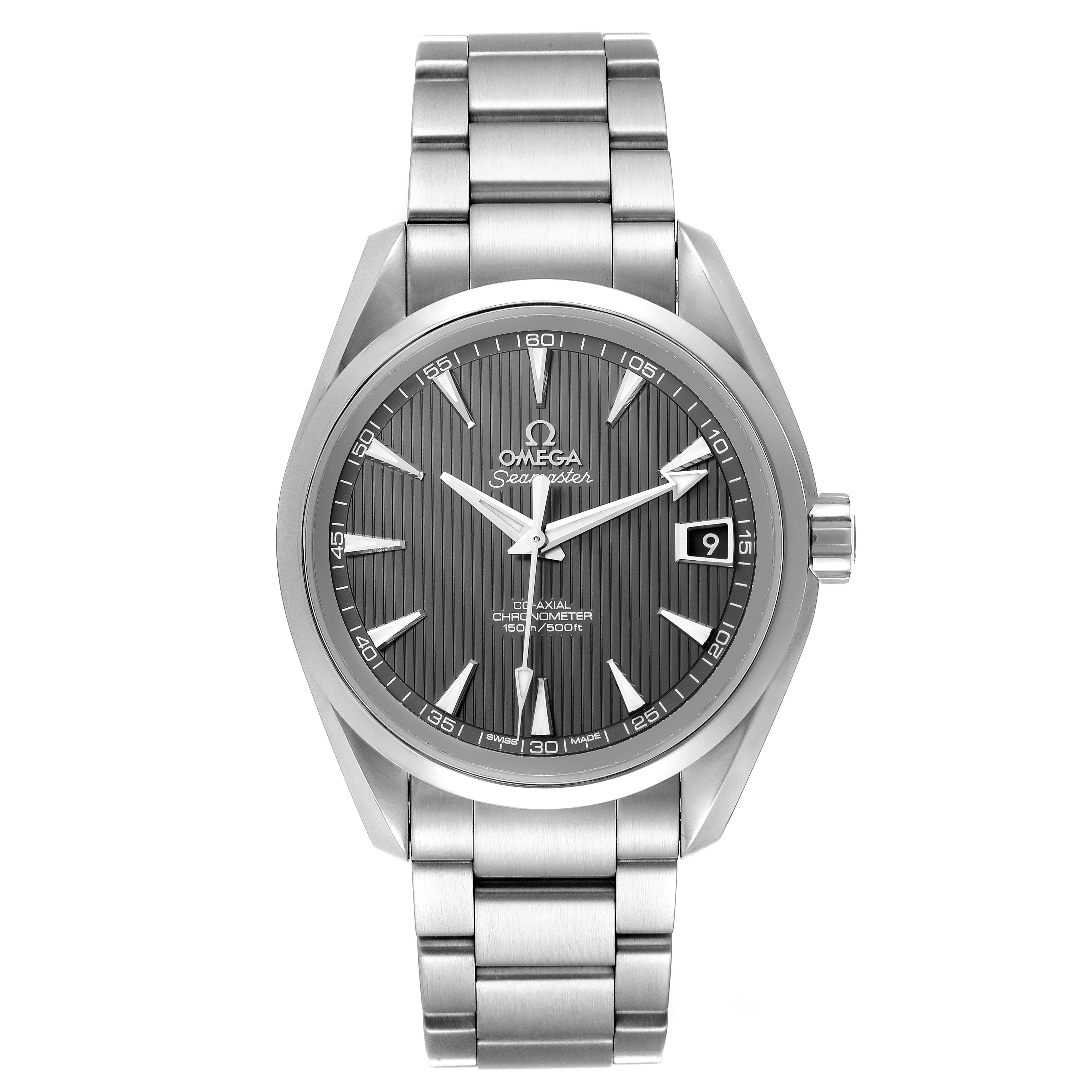 The image shows a front view of the Omega Aqua Terra 231.10.39.21.06.001 Men
s Stainless Steel Grey Dial 231.10.39.21.06.001 Men
s Stainless Steel Grey Dial watch, highlighting its face, bezel, and stainless steel bracelet.