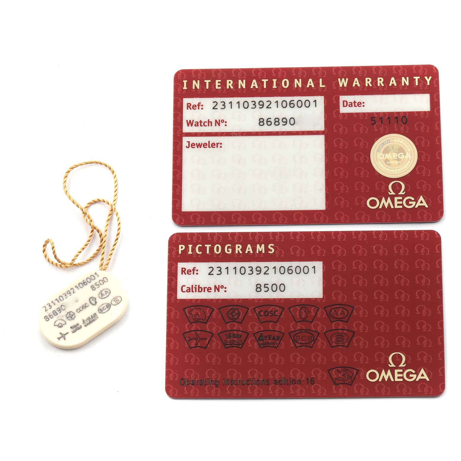 The image shows the warranty and pictogram cards with a tag for an Omega Aqua Terra 231.10.39.21.06.001 Men
s Stainless Steel Grey Dial 231.10.39.21.06.001 Men
s Stainless Steel Grey Dial watch, viewed from above.