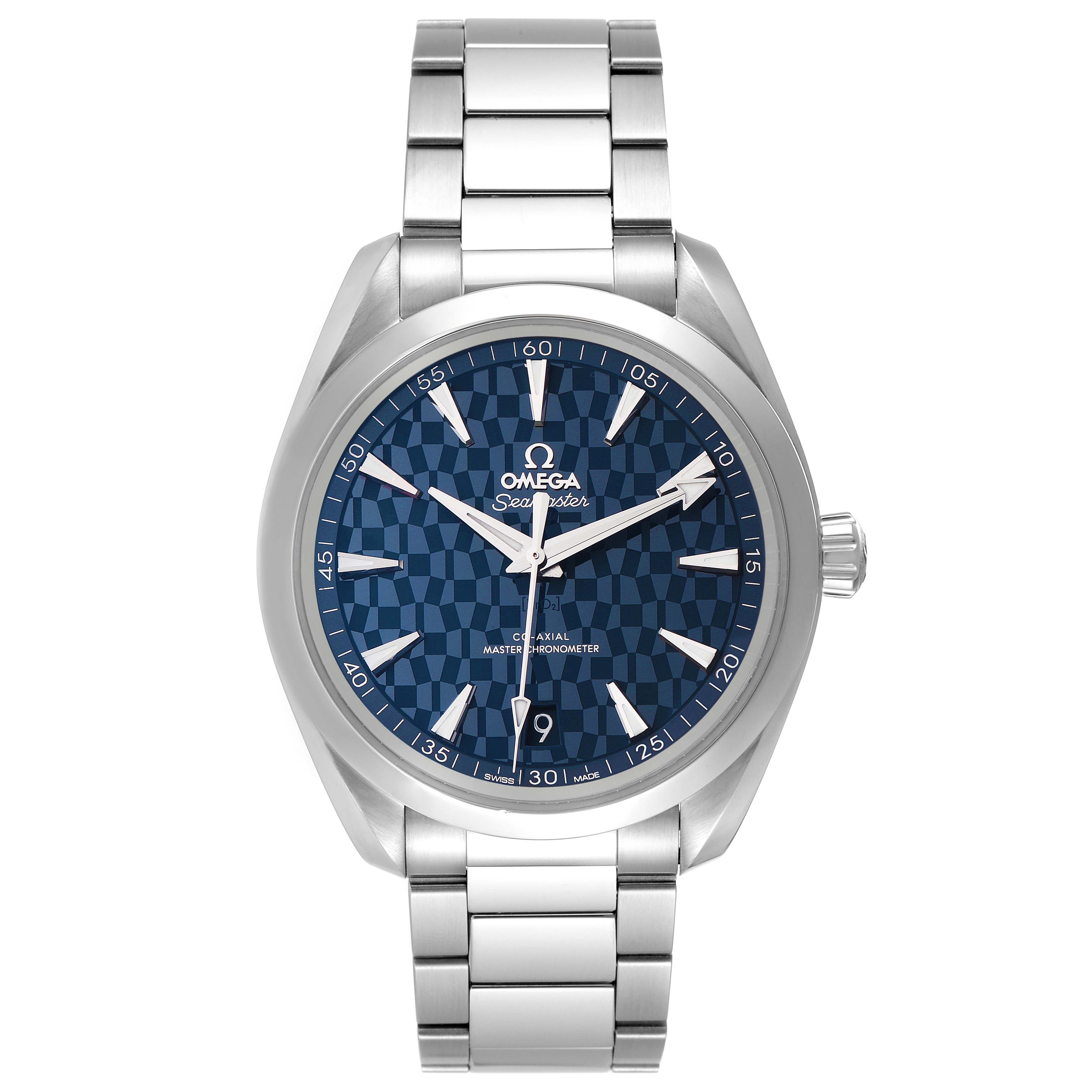This image shows a front view of the Omega Aqua Terra 522.12.41.21.03.001 Men's Stainless Steel Blue Dial 522.12.41.21.03.001 Men's Stainless Steel Blue Dial watch, highlighting the bracelet and dial.