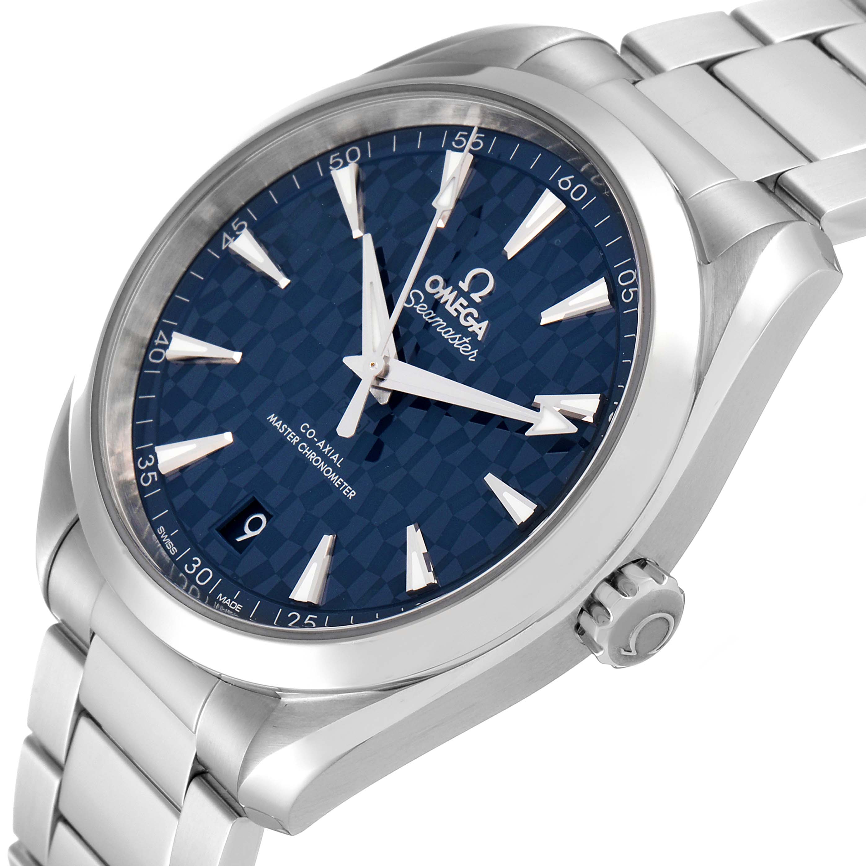 The Omega Aqua Terra 522.12.41.21.03.001 Men's Stainless Steel Blue Dial 522.12.41.21.03.001 Men's Stainless Steel Blue Dial watch is shown at an angle showcasing the dial, bezel, crown, and part of the bracelet.