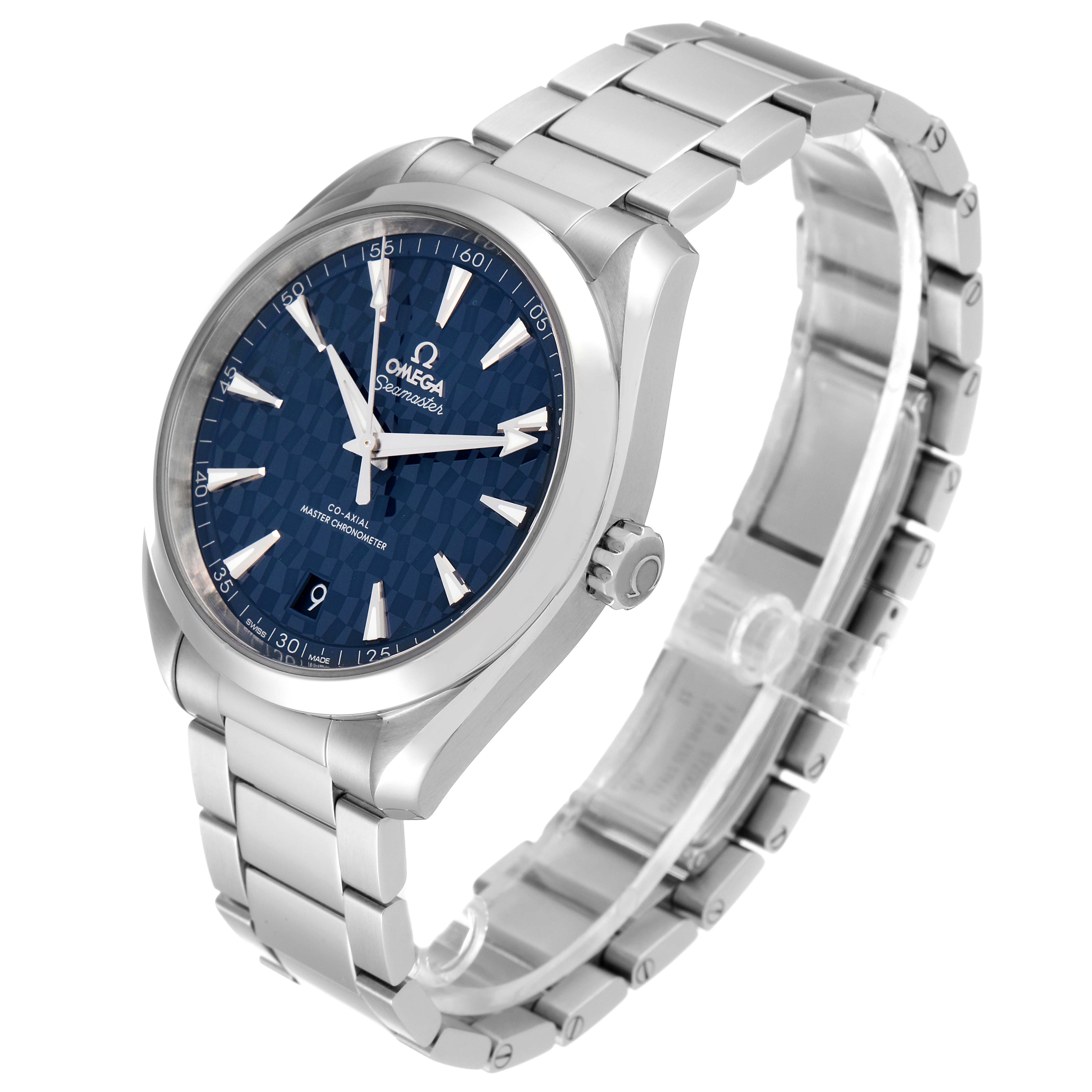 The Omega Aqua Terra 522.12.41.21.03.001 Men's Stainless Steel Blue Dial 522.12.41.21.03.001 Men's Stainless Steel Blue Dial watch is shown at a three-quarter angle, highlighting the face, bezel, crown, and bracelet.