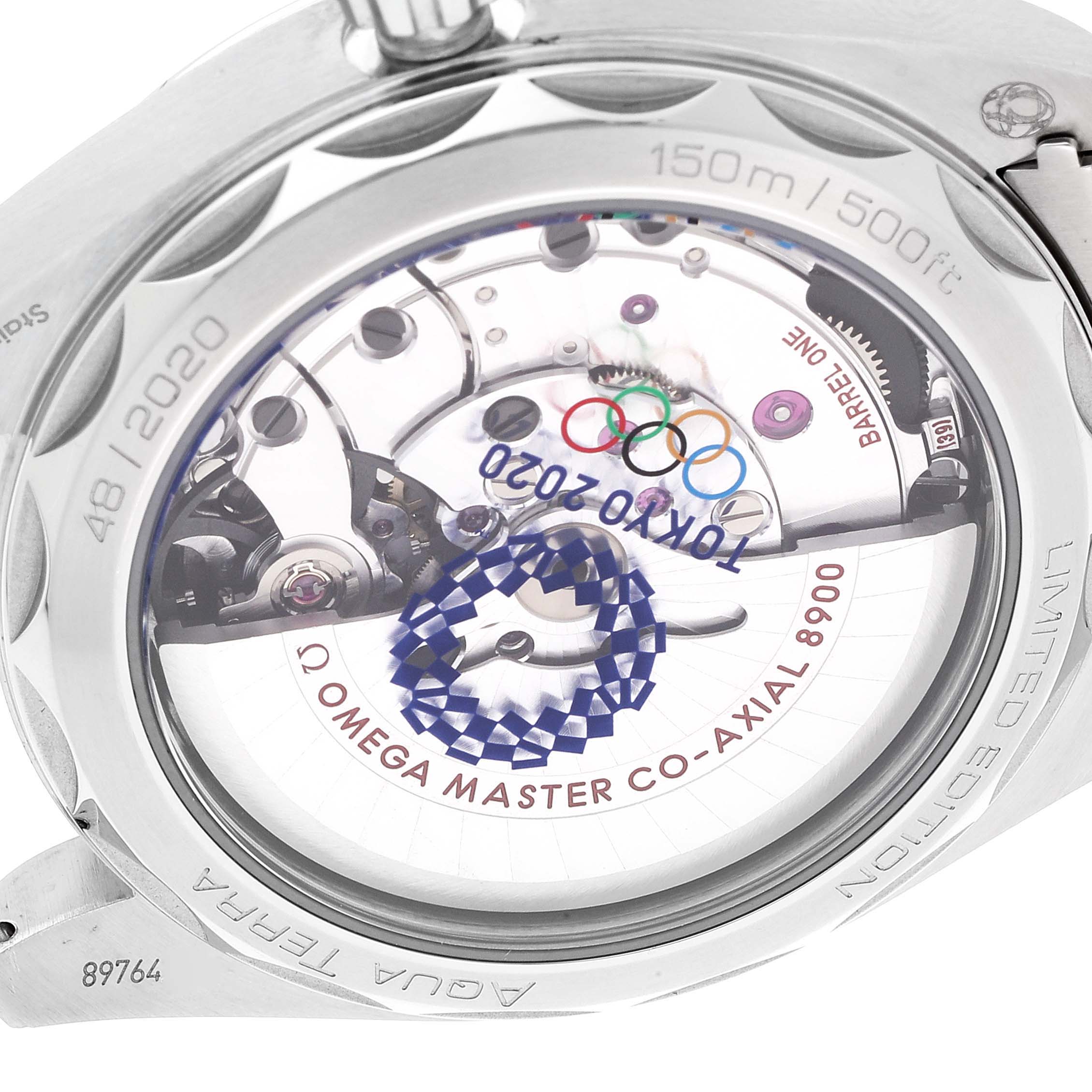 The image shows the back of the Omega Aqua Terra 522.12.41.21.03.001 Men's Stainless Steel Blue Dial 522.12.41.21.03.001 Men's Stainless Steel Blue Dial watch, highlighting the movement and Tokyo 2020 Olympic detailing.
