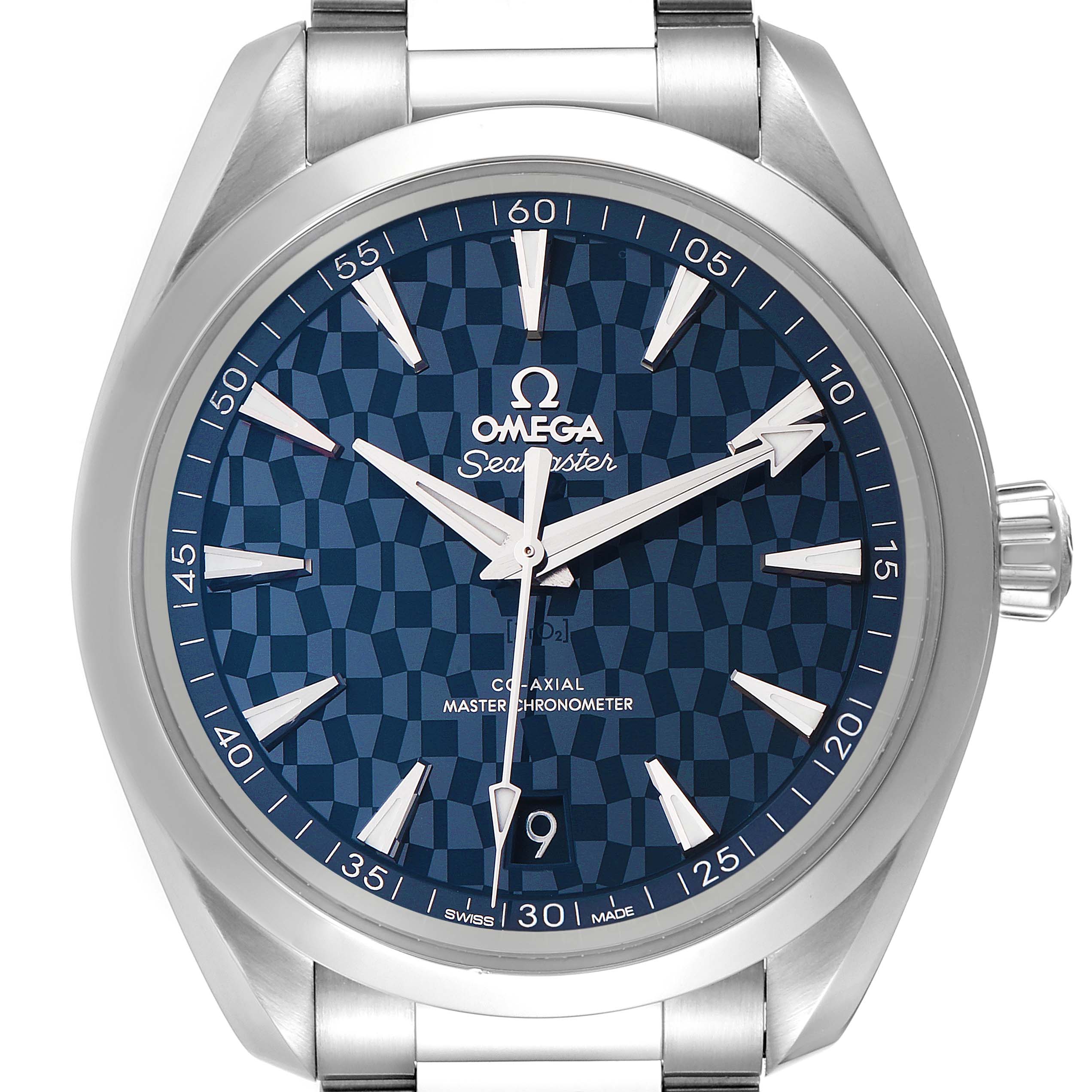 The image shows a front view of the Omega Aqua Terra 522.12.41.21.03.001 Men's Stainless Steel Blue Dial 522.12.41.21.03.001 Men's Stainless Steel Blue Dial model, highlighting the blue patterned dial, silver hands, and stainless steel case and bezel.