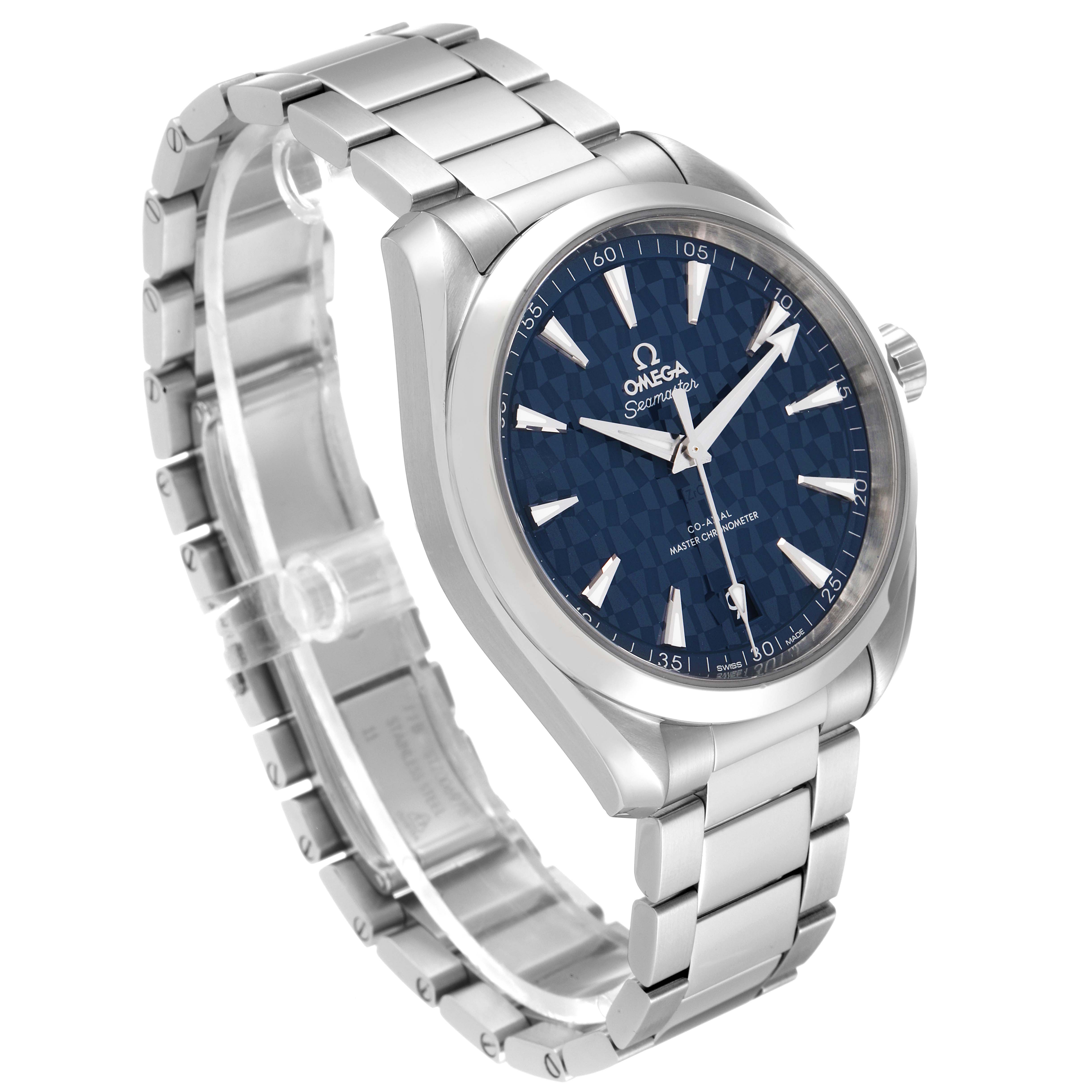 The Omega Aqua Terra 522.12.41.21.03.001 Men's Stainless Steel Blue Dial 522.12.41.21.03.001 Men's Stainless Steel Blue Dial watch is shown at an angle, highlighting its blue dial, case, bezel, crown, and metal bracelet.