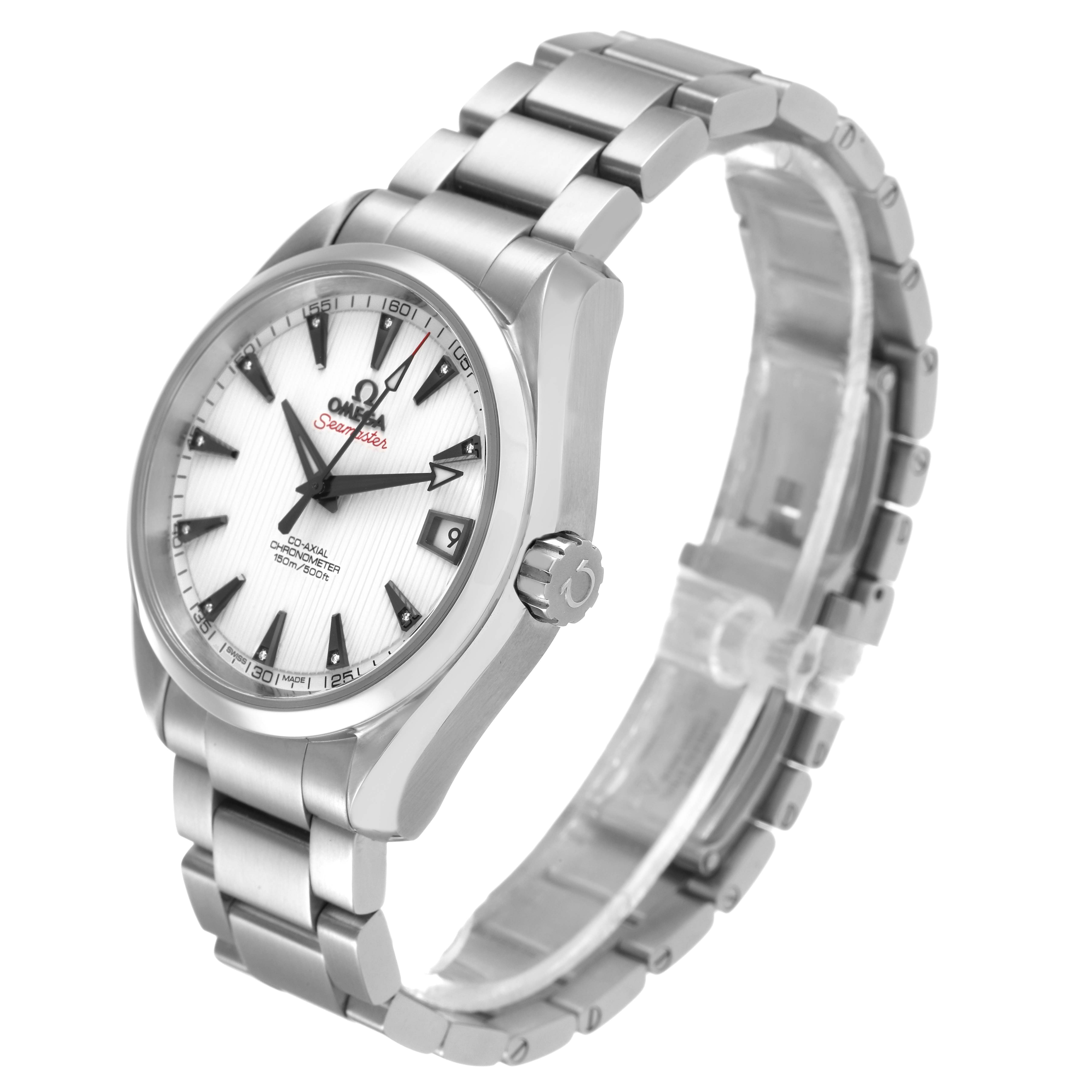 The Omega Seamaster 231.10.39.21.54.001 Men's Stainless Steel White Dial watch is shown at a 3/4 angle, highlighting the face, crown, and stainless steel bracelet.