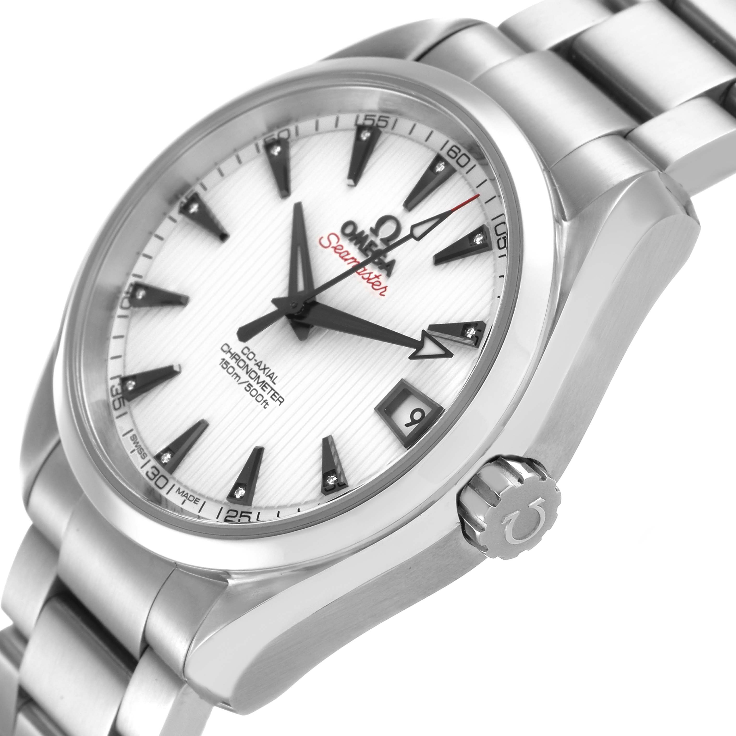 The Omega Seamaster 231.10.39.21.54.001 Men's Stainless Steel White Dial watch is shown at a slight angle, displaying the dial, case, crown, and part of the bracelet.