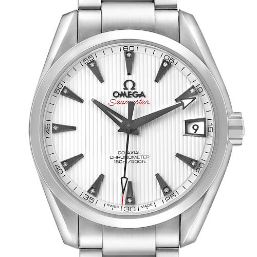 The image shows a front view of the Omega Seamaster 231.10.39.21.54.001 Men's Stainless Steel White Dial, highlighting its dial, hands, indices, date window, and crown.