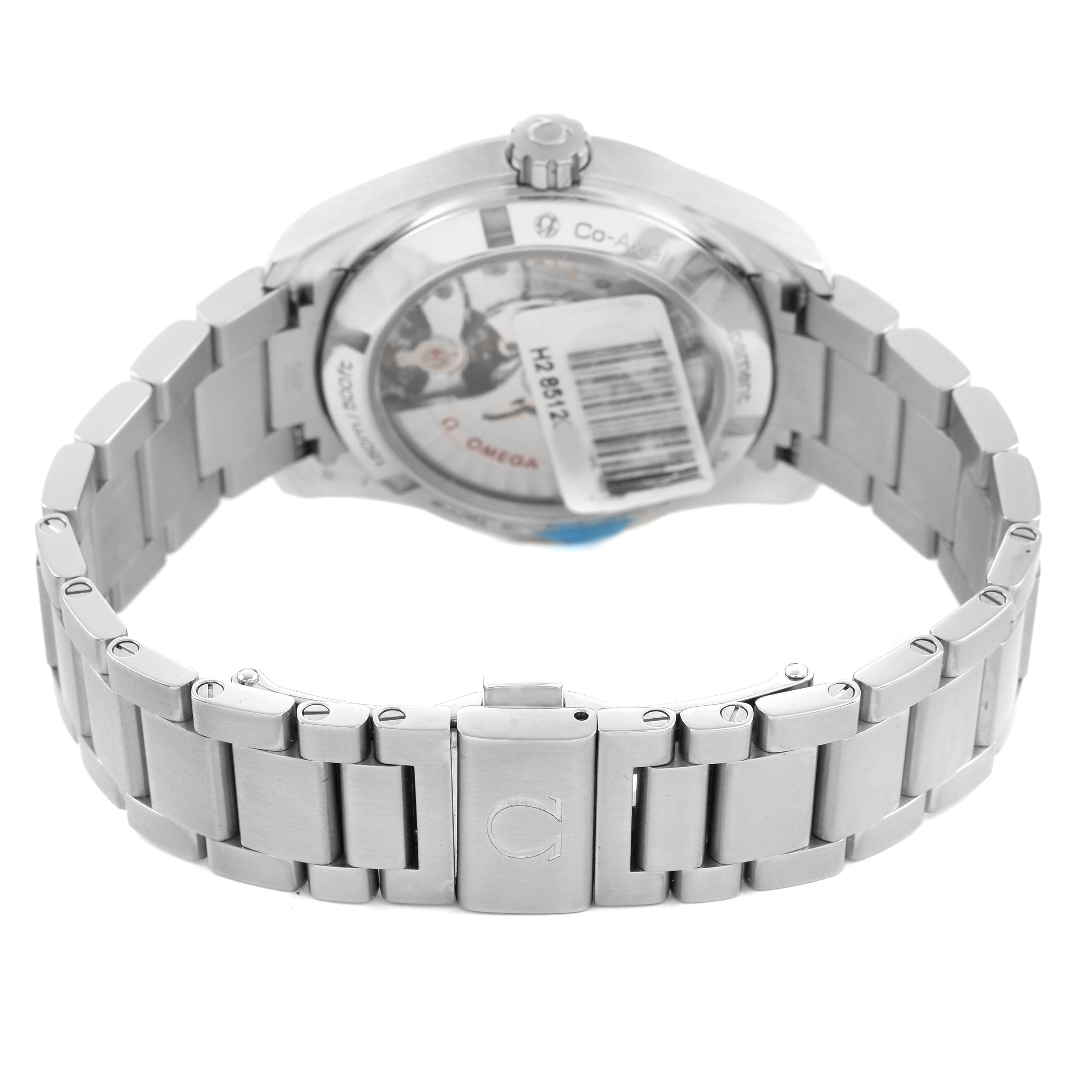 The image shows the back and bracelet of the Omega Seamaster 231.10.39.21.54.001 Men's Stainless Steel White Dial watch, highlighting the clasp and visible movement.