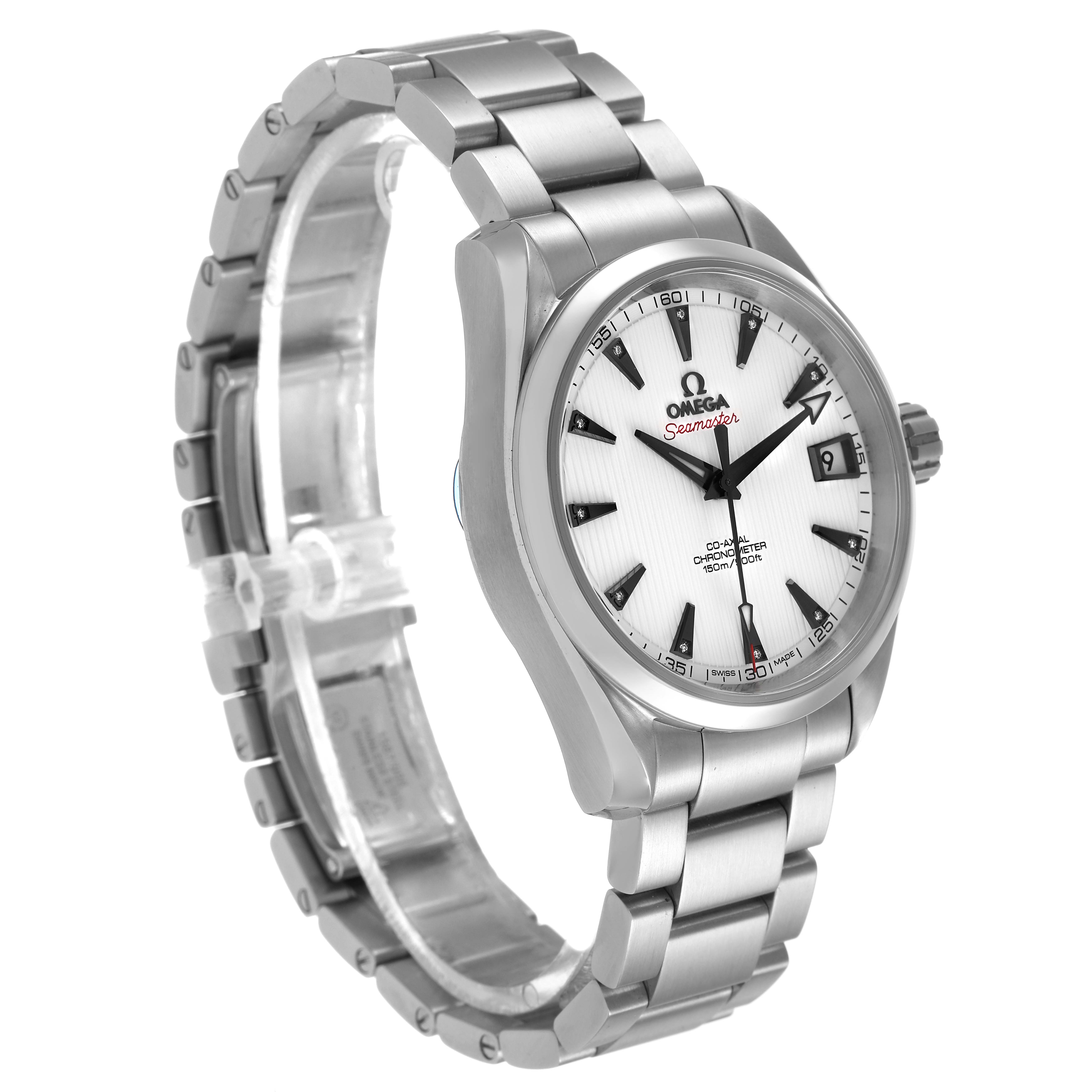 The Omega Seamaster 231.10.39.21.54.001 Men's Stainless Steel White Dial watch is shown at a three-quarter angle, highlighting the face and bracelet.