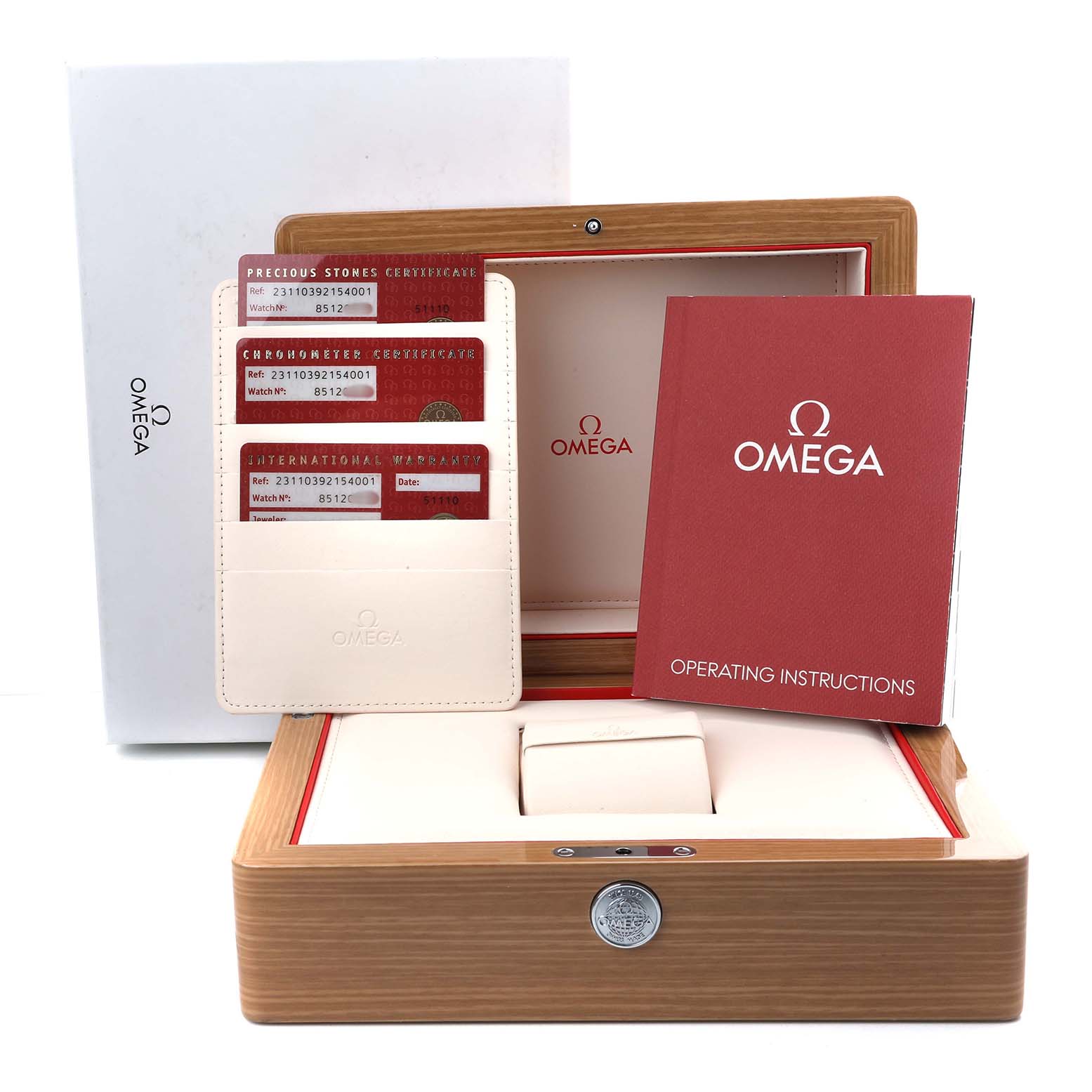 The image shows the Omega Seamaster 231.10.39.21.54.001 Men's Stainless Steel White Dial's packaging, including a wooden box, warranty cards, and an operating instructions booklet.