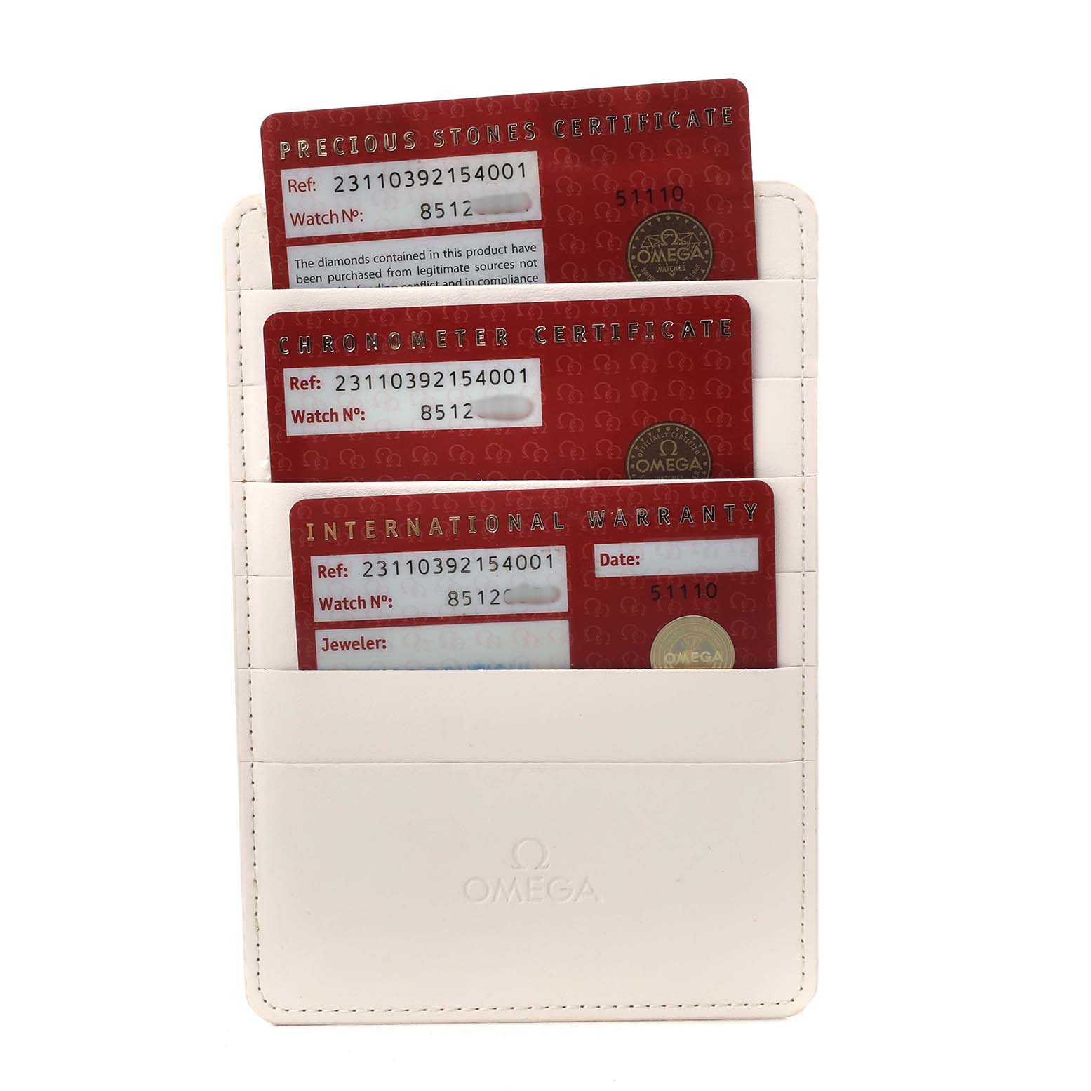 The image shows certification cards for an Omega Seamaster 231.10.39.21.54.001 Men's Stainless Steel White Dial watch in a white cardholder.