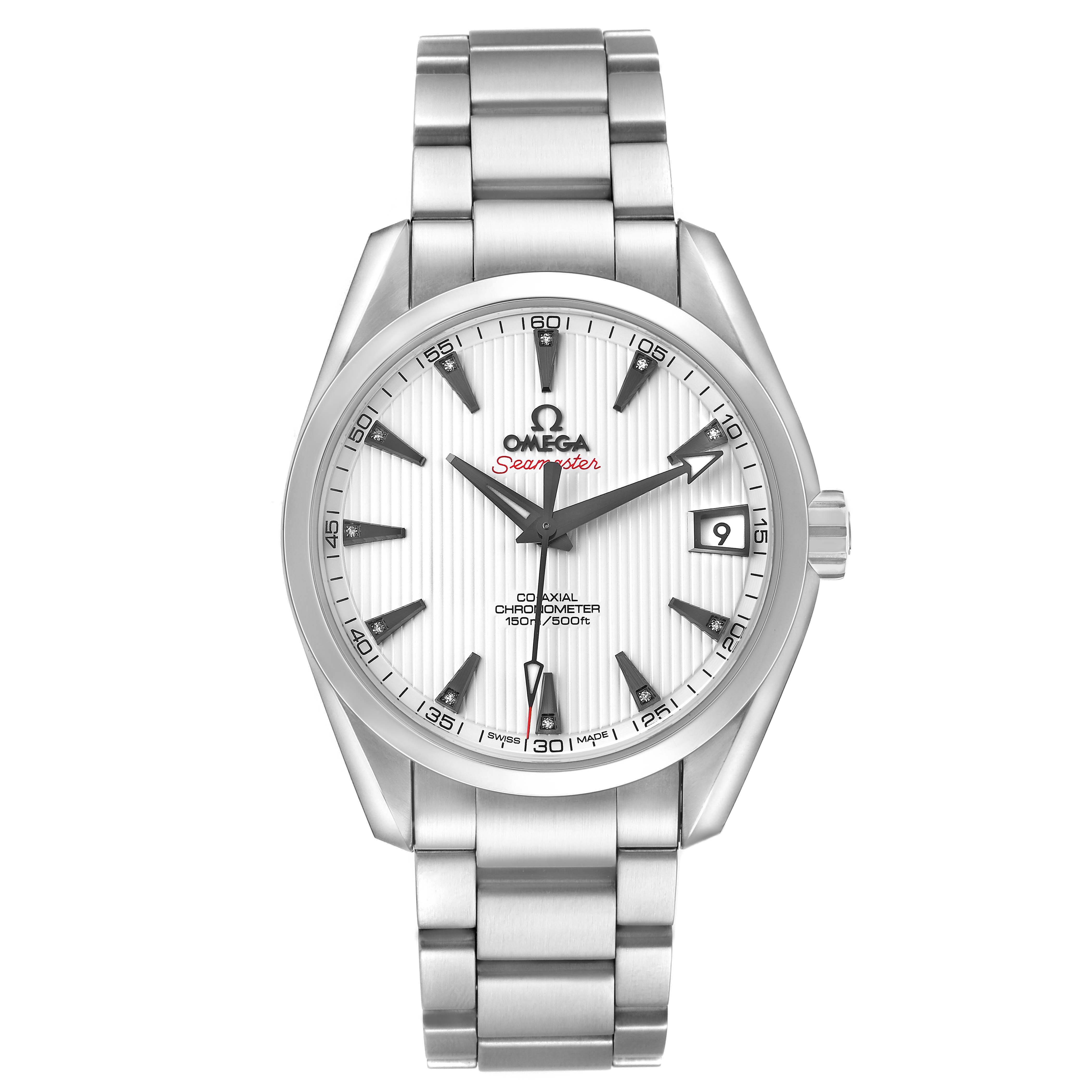 The Omega Seamaster 231.10.39.21.54.001 Men's Stainless Steel White Dial watch is shown from a frontal angle, displaying the entire face, bezel, bracelet, and date window.