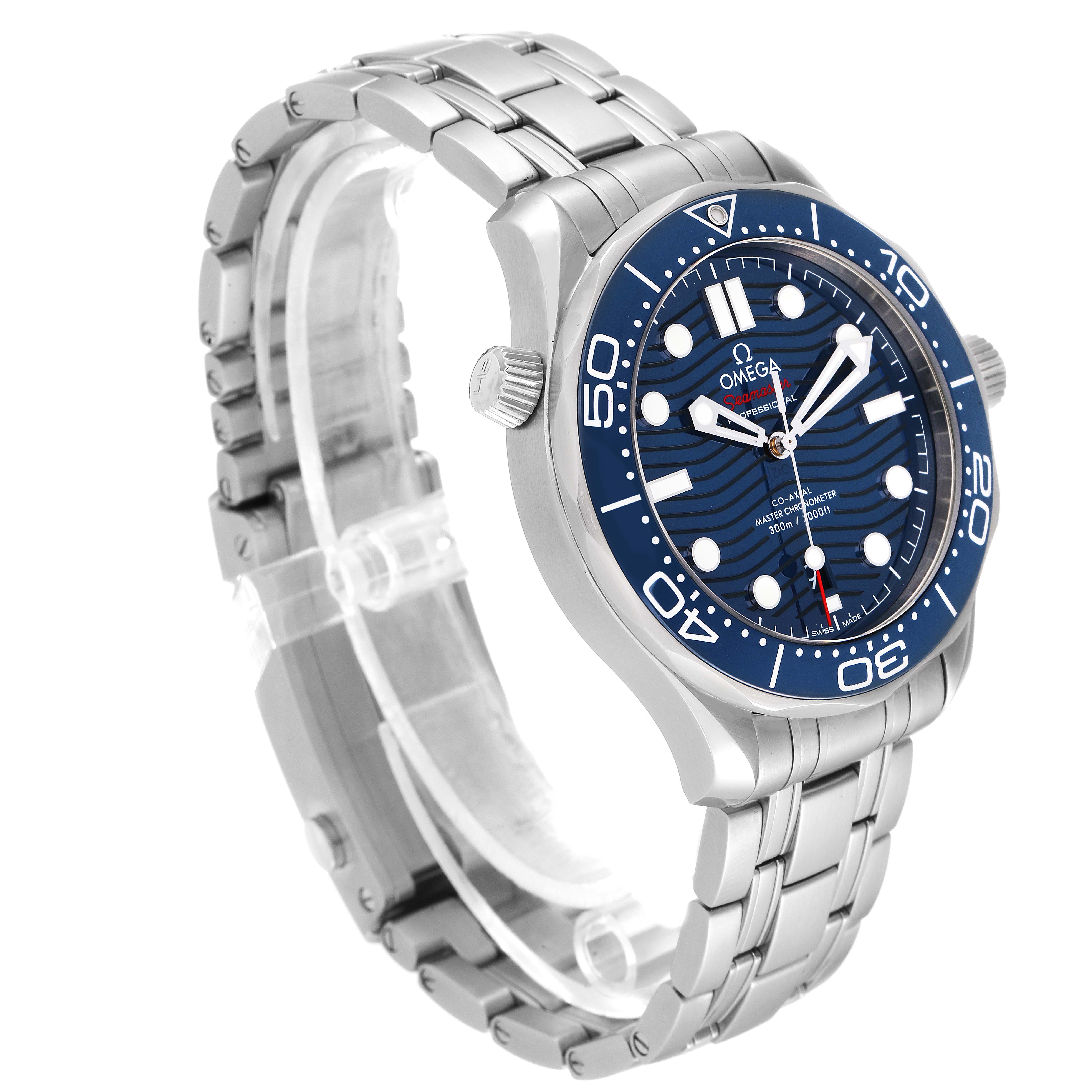 The image shows an angled view of the Omega Seamaster 210.30.42.20.03.001 Men's Stainless Steel Blue Dial 210.30.42.20.03.001 Men's Stainless Steel Blue Dial watch, highlighting its blue dial, bezel, and stainless steel bracelet.